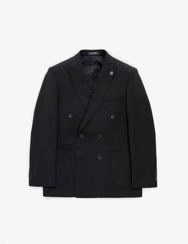 Siyah Ex. Slim Fit Çizgili Kruvaze Takım Elbise