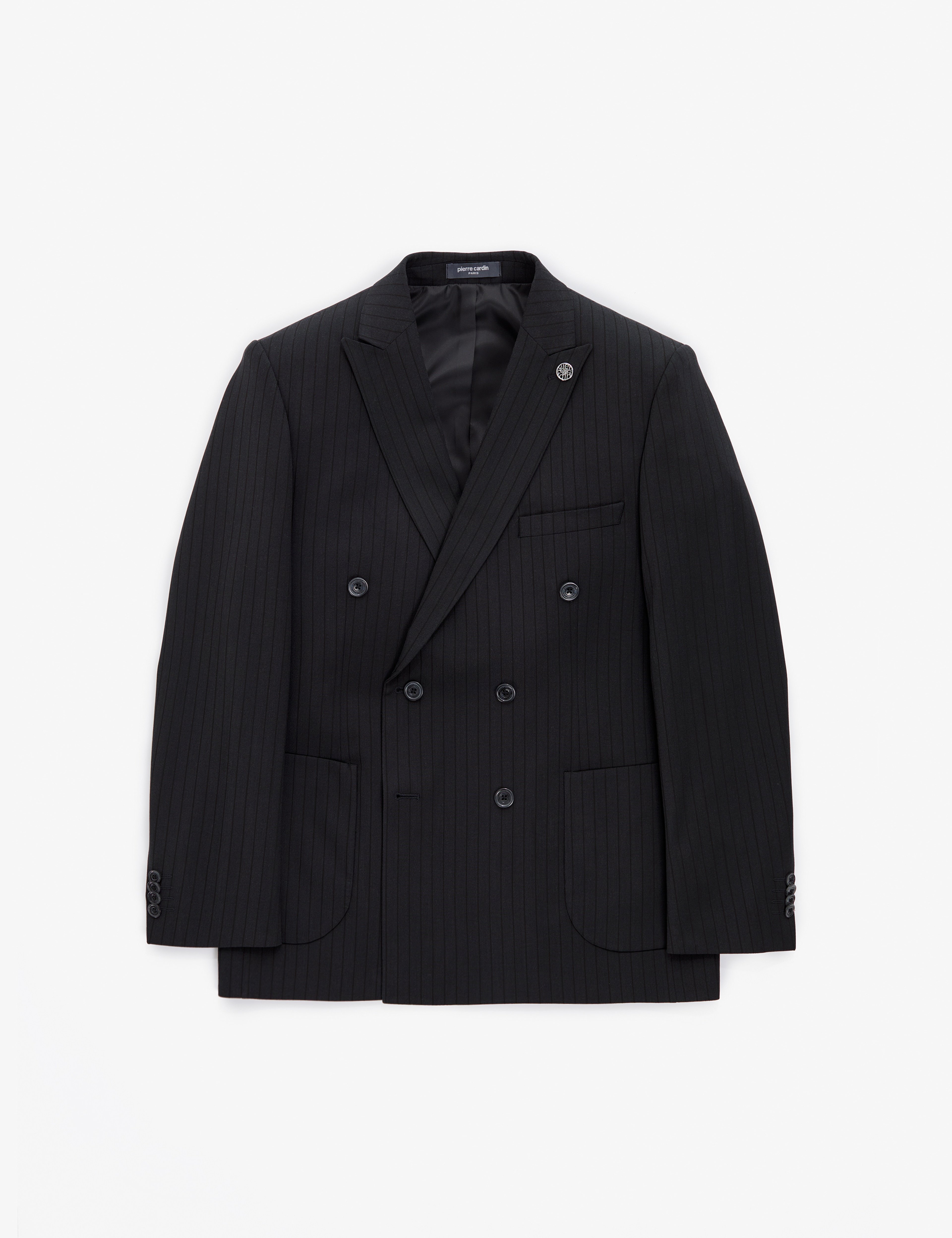 Siyah Extra Slim Fit Çizgili Kruvaze Takım Elbise - Image 6