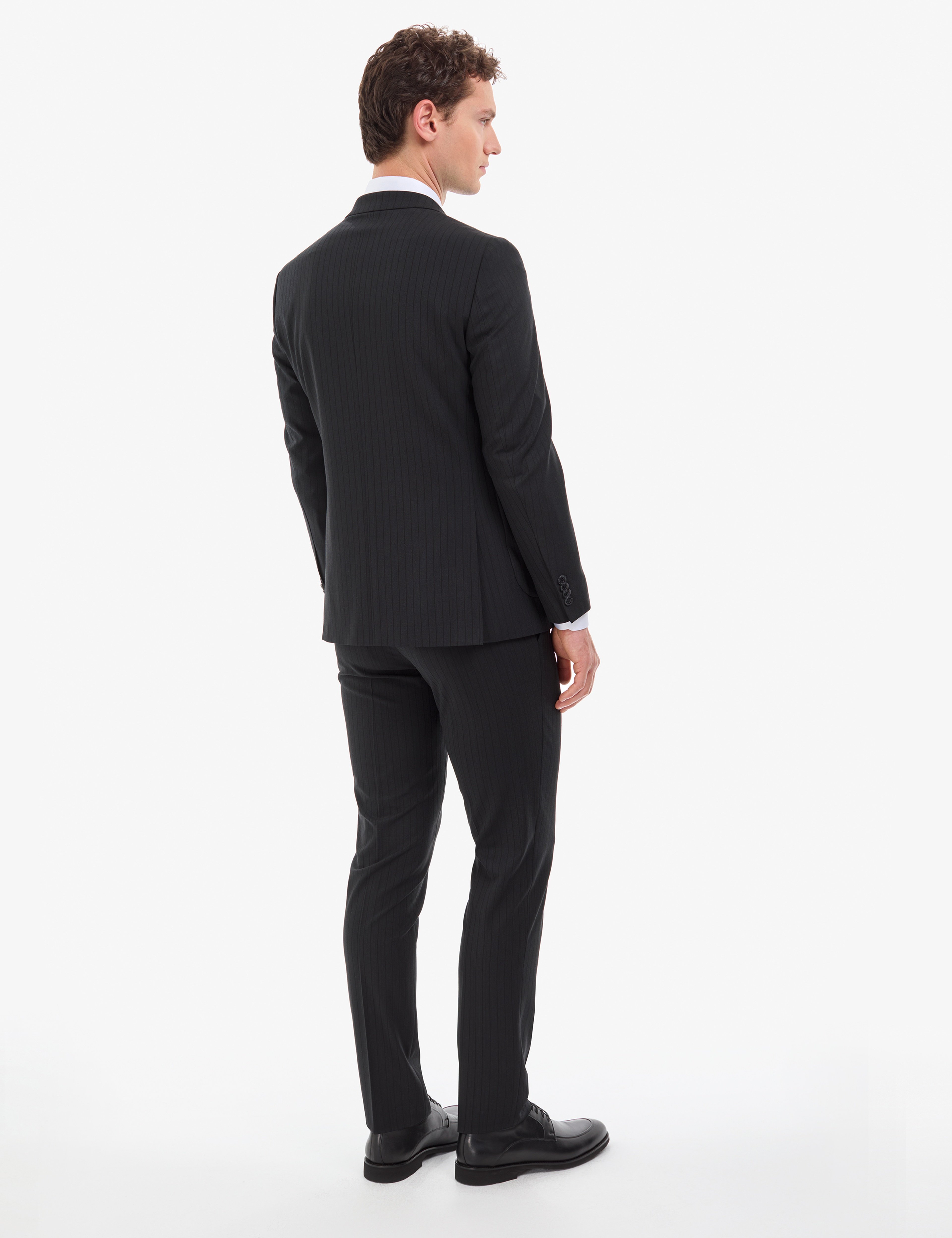 Siyah Extra Slim Fit Çizgili Kruvaze Takım Elbise - Image 5