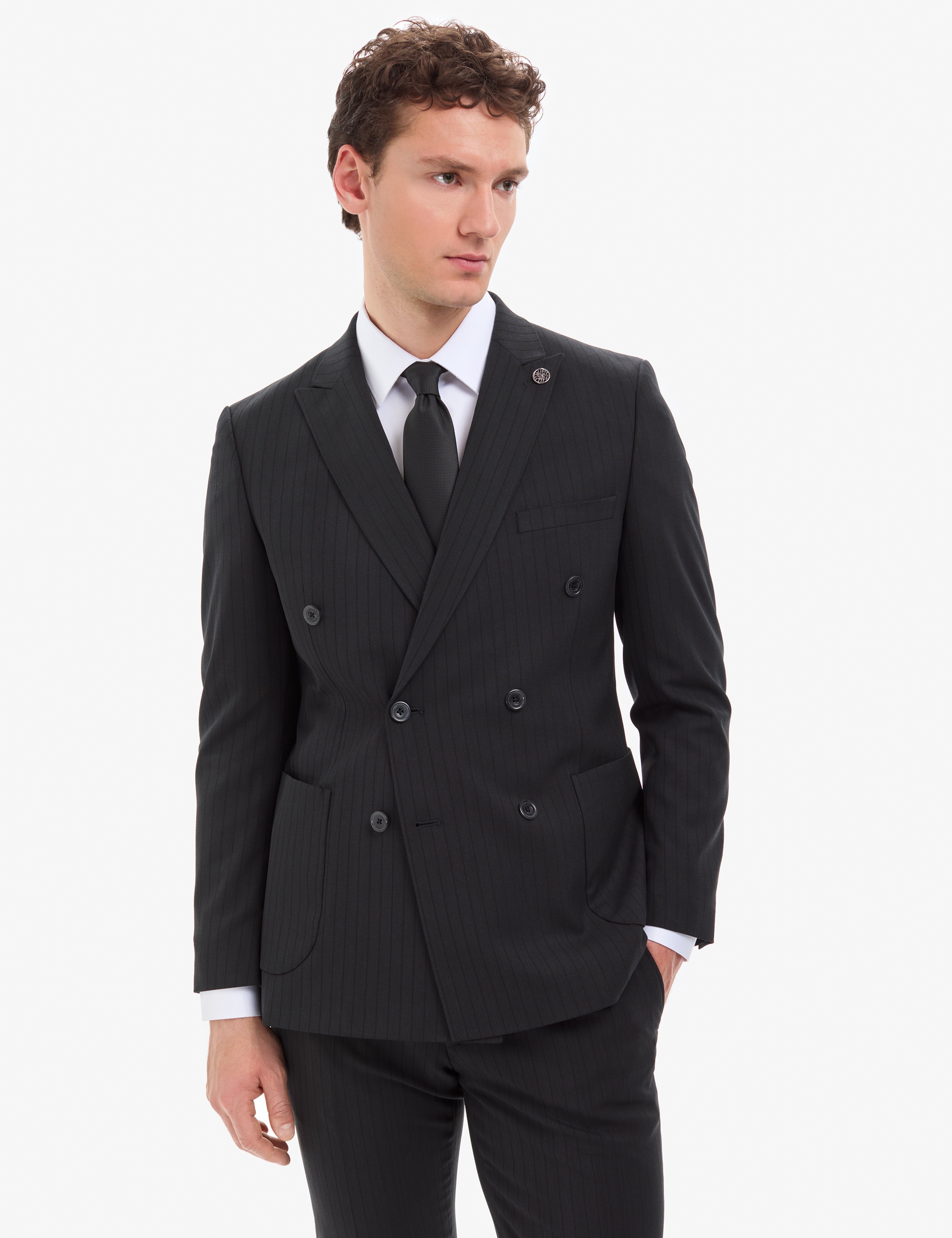 Siyah Extra Slim Fit Çizgili Kruvaze Takım Elbise - Image 4