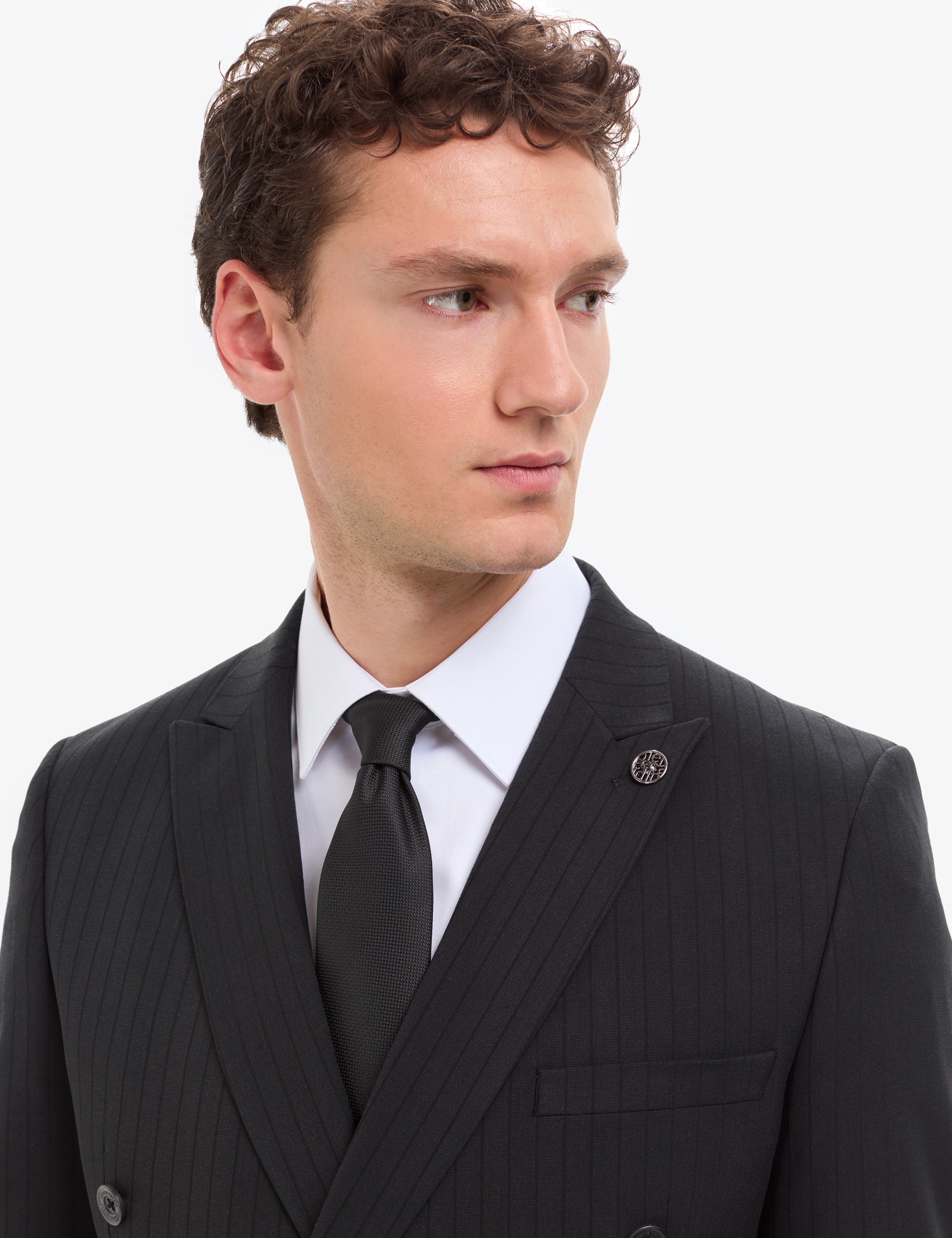 Siyah Extra Slim Fit Çizgili Kruvaze Takım Elbise - Image 2