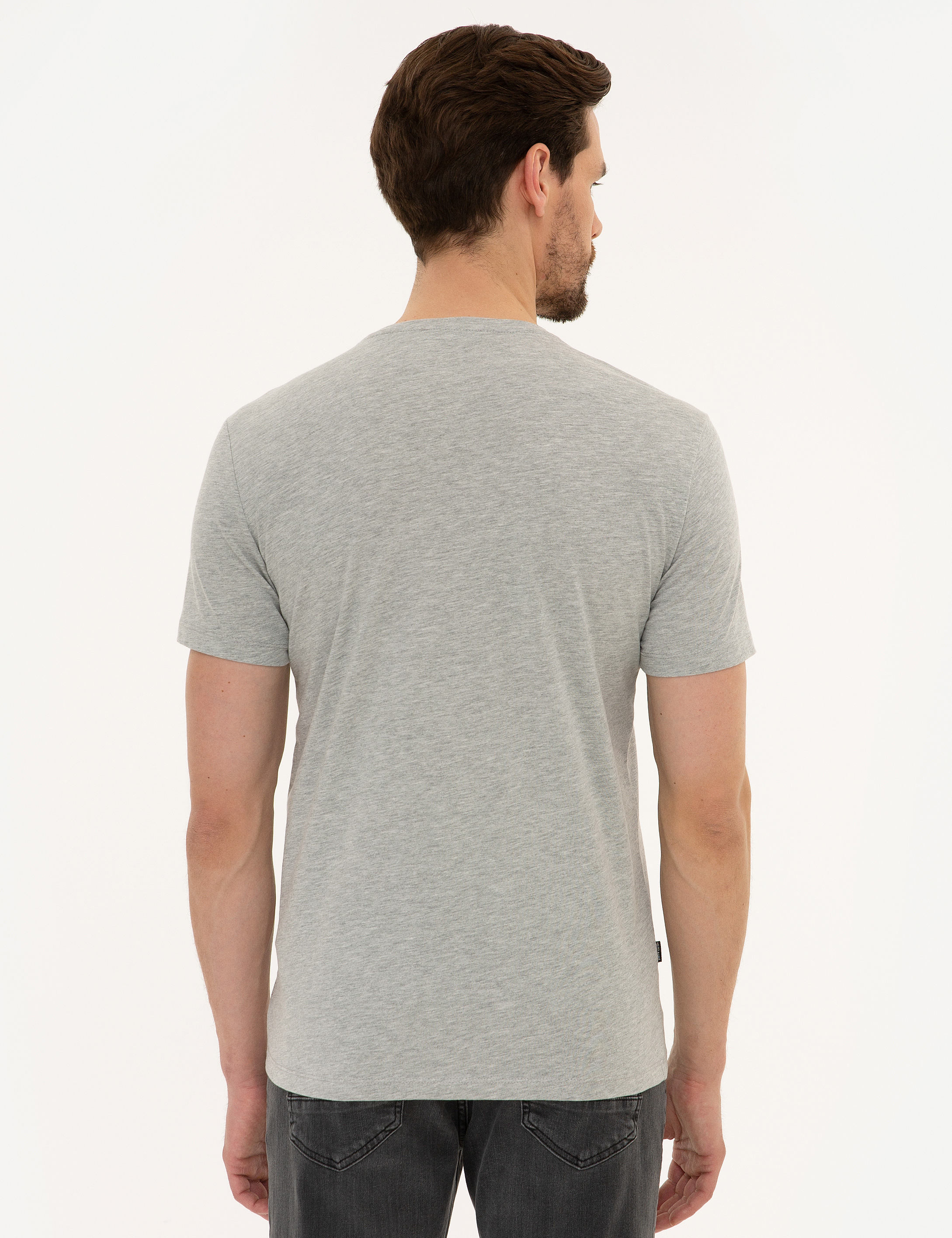 Açık Gri Melanj Slim Fit Bisiklet Yaka T-Shirt - Image 3