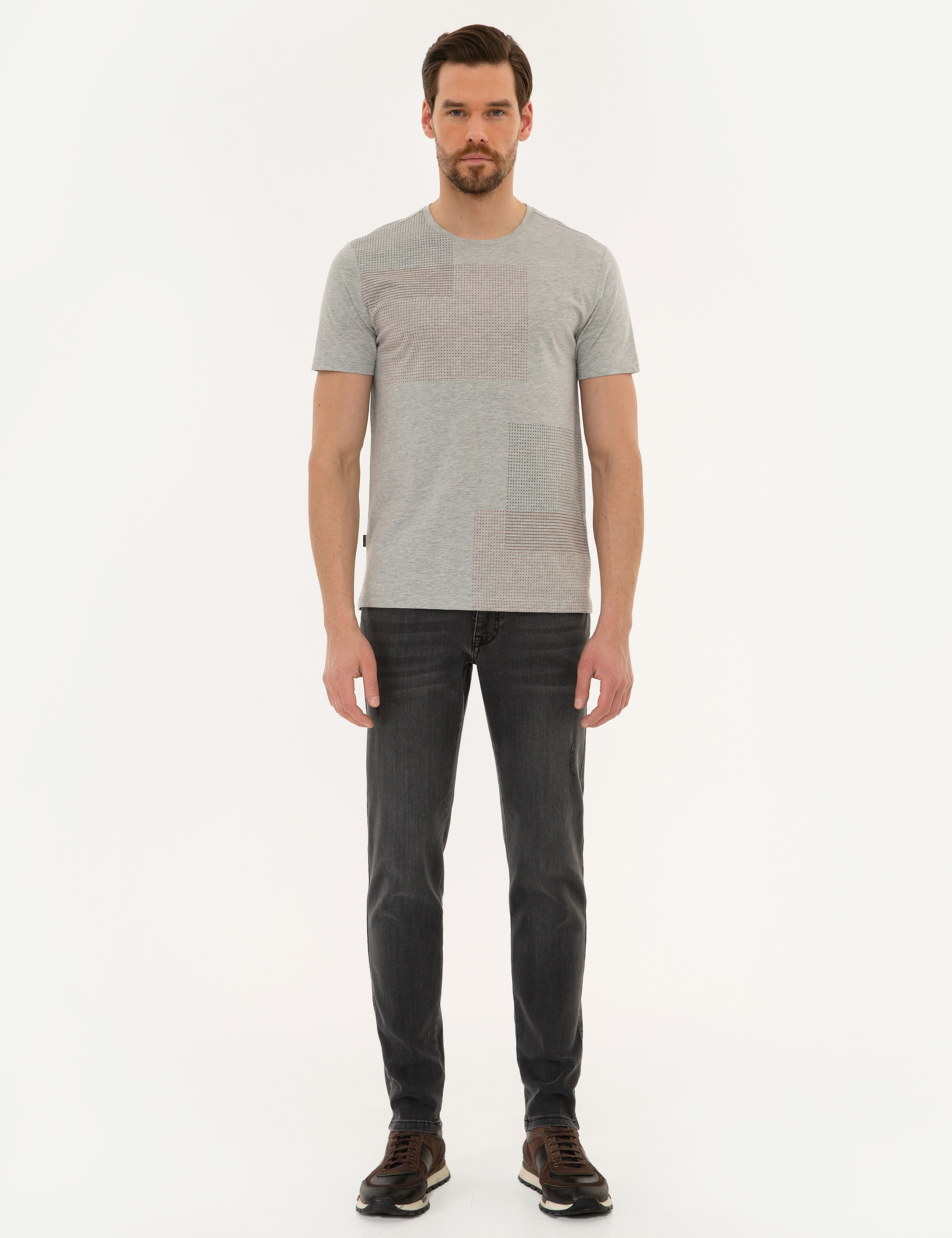 Açık Gri Melanj Slim Fit Bisiklet Yaka T-Shirt - 50226353001