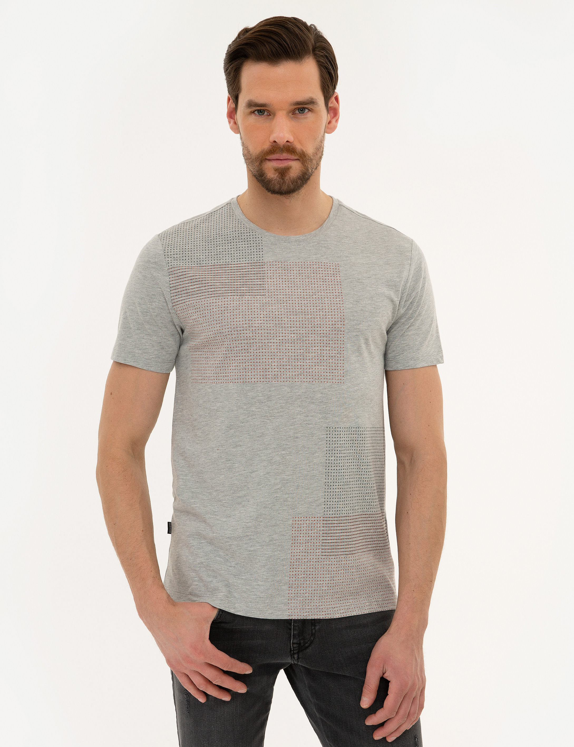 Açık Gri Melanj Slim Fit Bisiklet Yaka T-Shirt - Image 1