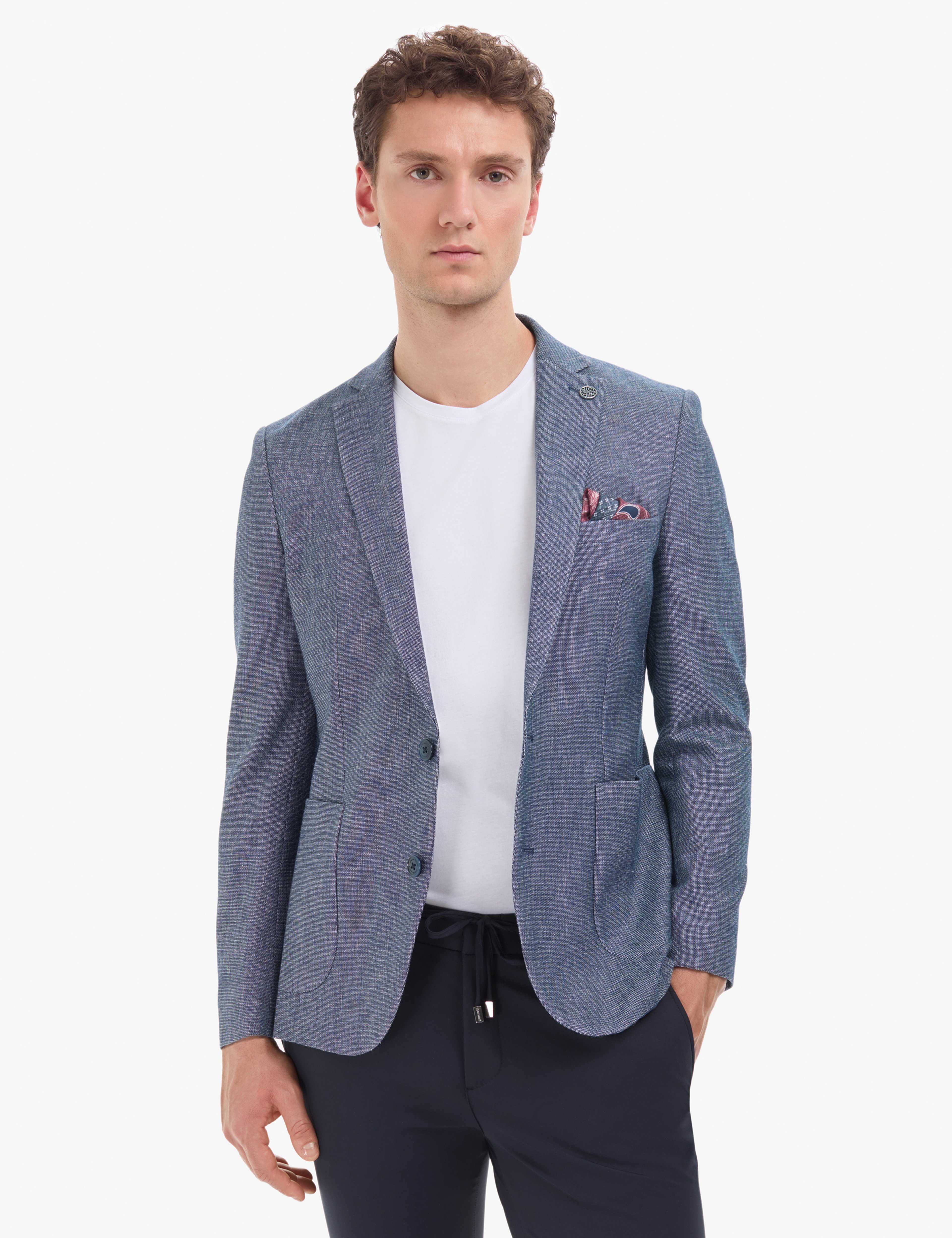 Lacivert Ex. Slim Fit Keten Pamuk Karışımlı Ceket