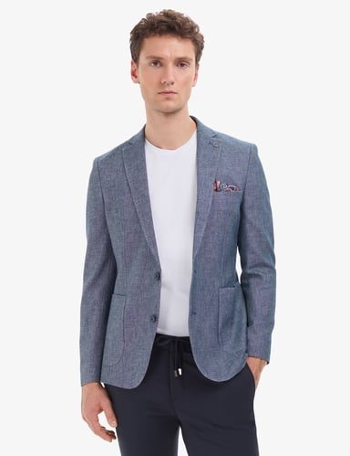 Lacivert Ex. Slim Fit Keten Pamuk Karışımlı Ceket