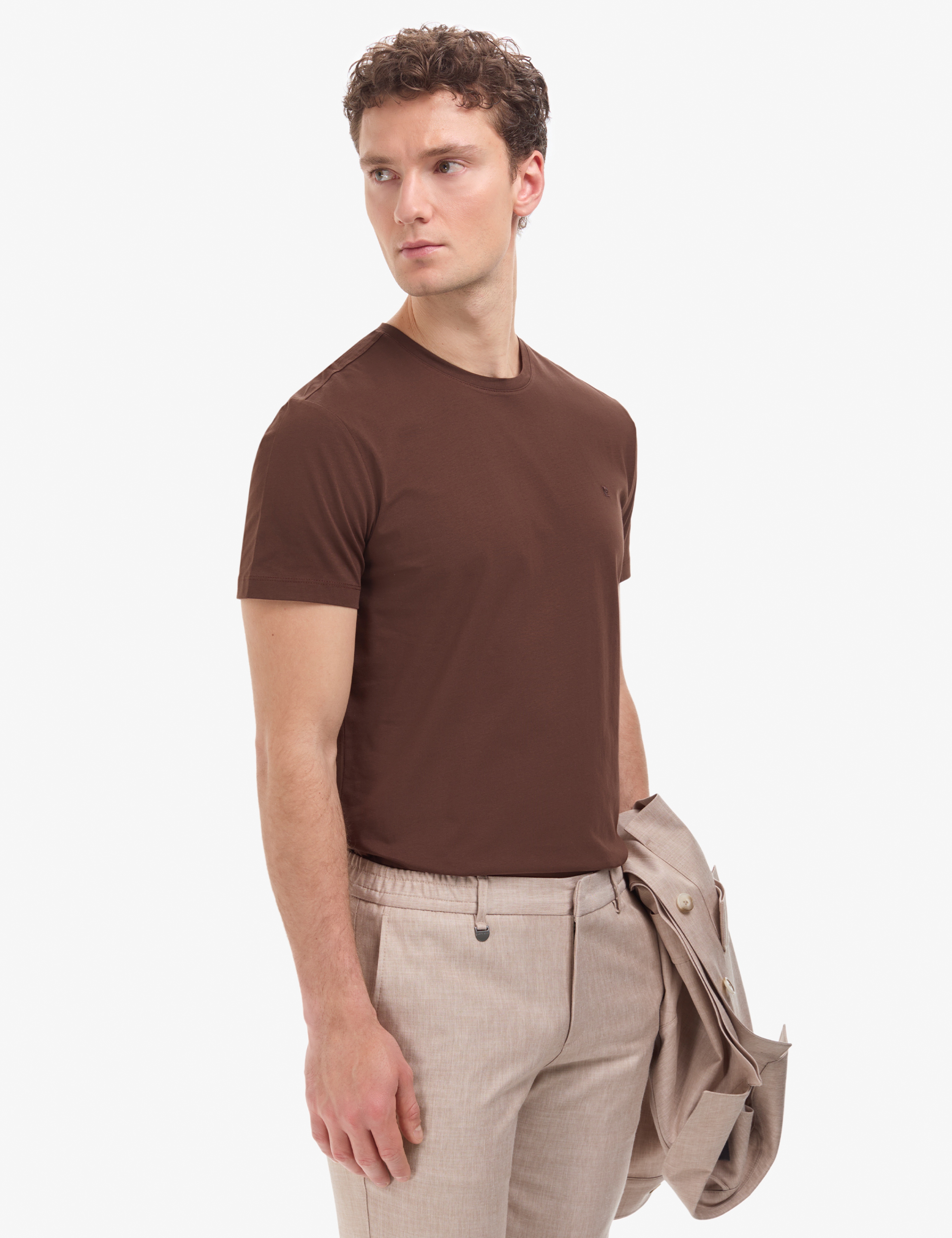Koyu Kahverengi Slim Fit %100 Pamuk Bisiklet Yaka Basic Tişört - Image 3