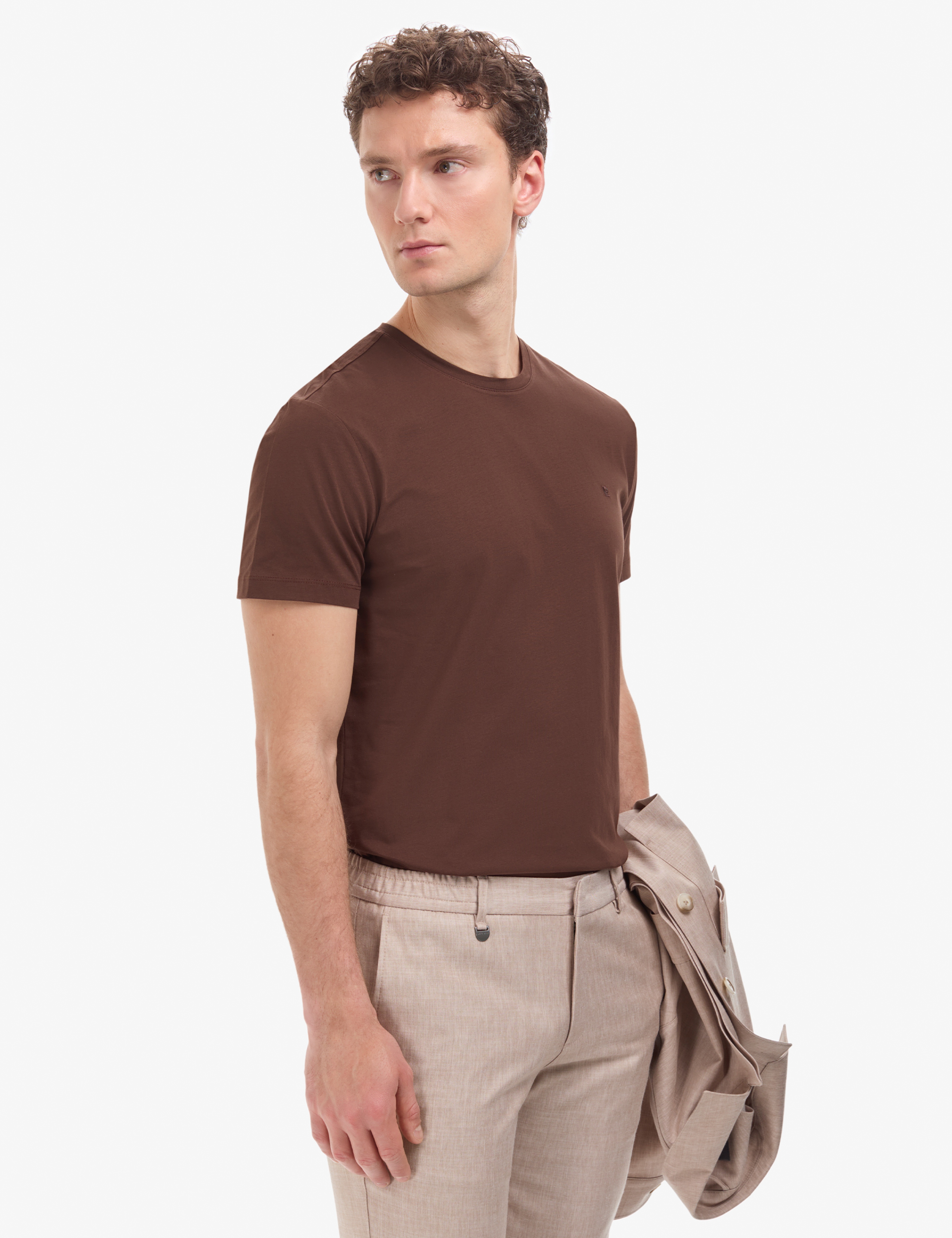 Koyu Kahverengi Slim Fit %100 Pamuk Bisiklet Yaka Basic Tişört