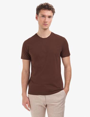 Koyu Kahverengi Slim Fit %100 Pamuk Bisiklet Yaka Basic Tişört