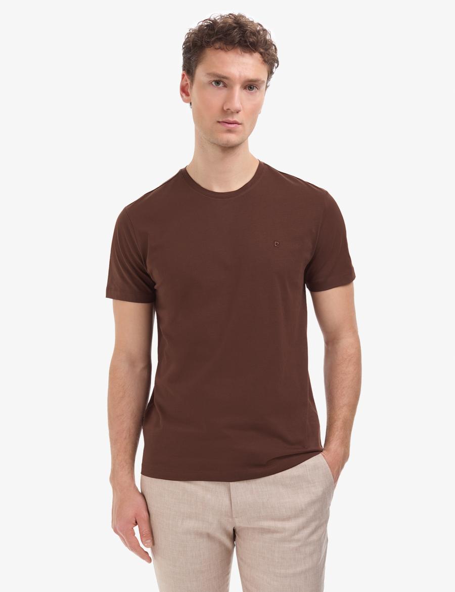 Koyu Kahverengi Slim Fit %100 Pamuk Bisiklet Yaka Basic Tişört