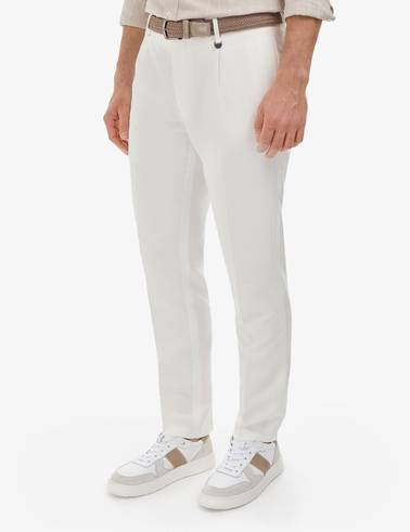 Beyaz Slim Fit Keten Karışımlı Pileli Pantolon