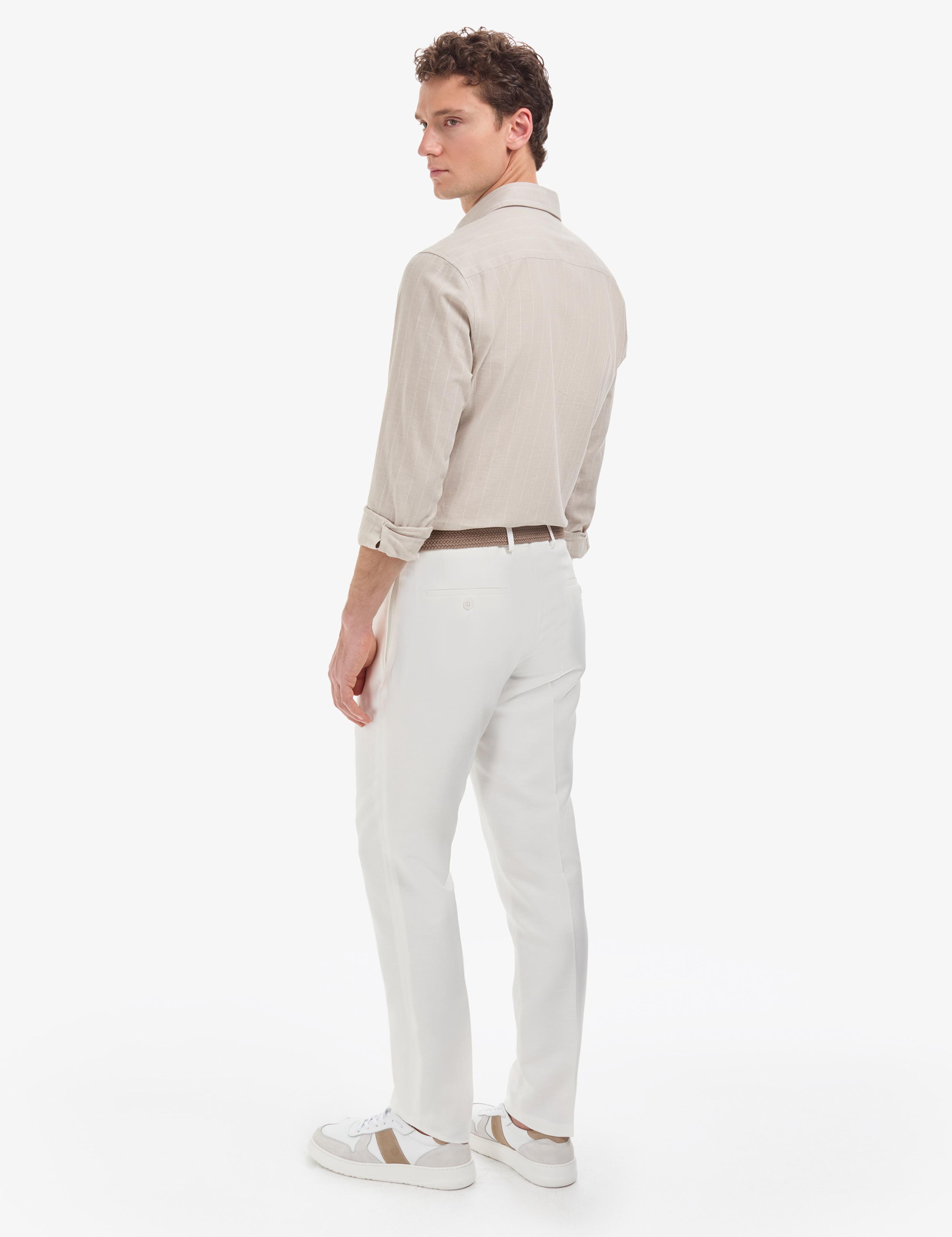 Beyaz Slim Fit Keten Karışımlı Pileli Pantolon