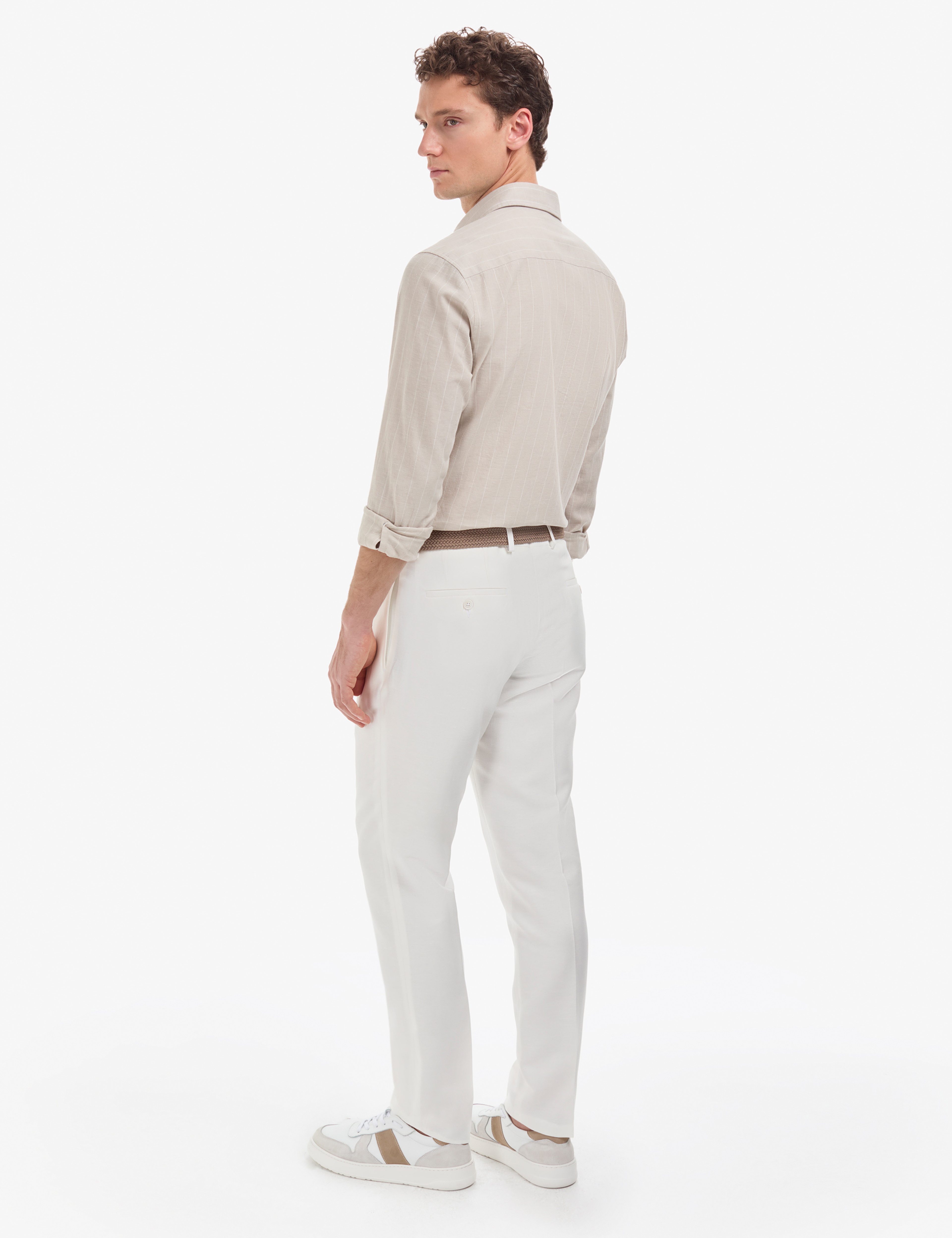Beyaz Slim Fit Keten Karışımlı Pileli Pantolon - Image 4