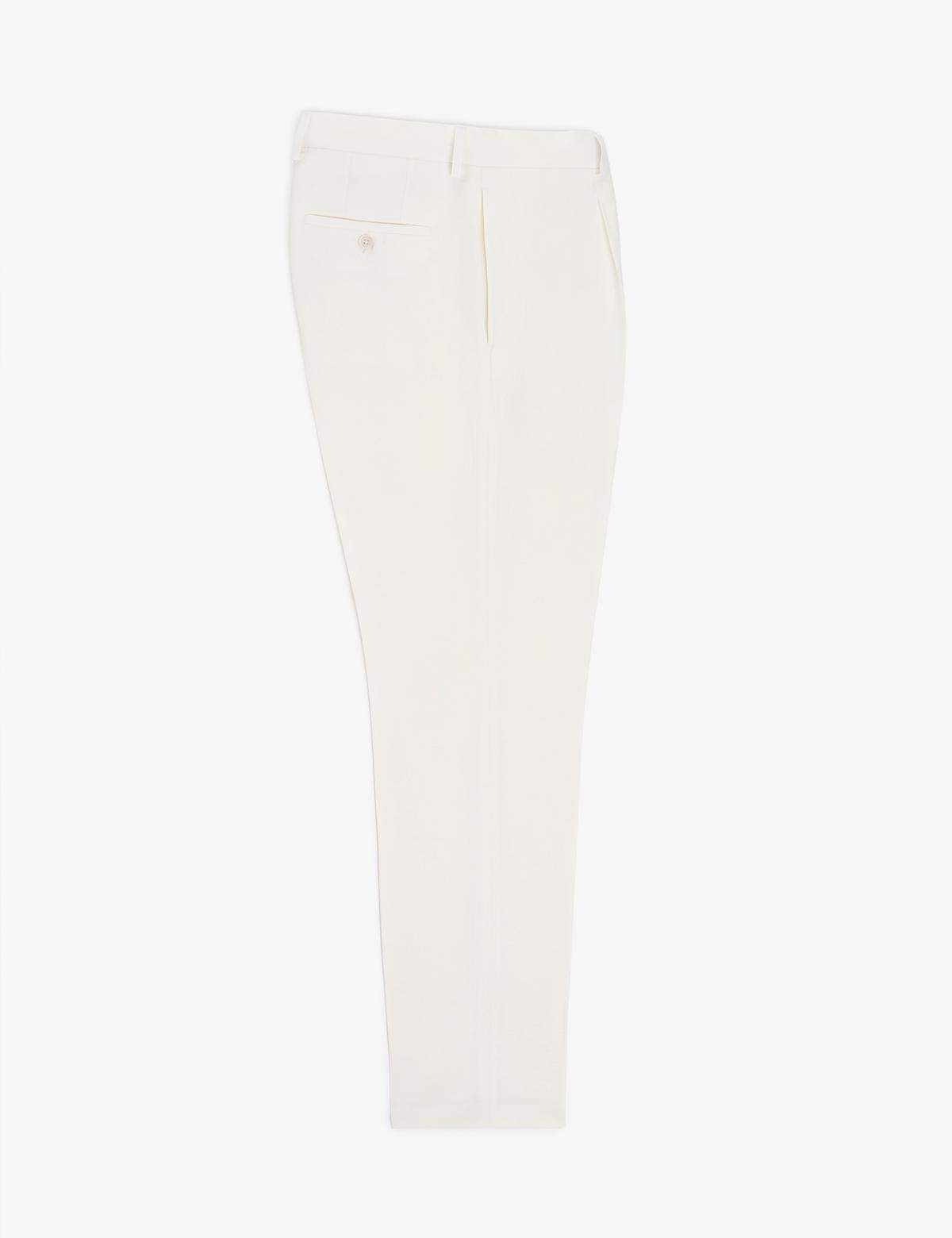 Beyaz Slim Fit Keten Karışımlı Pileli Pantolon - 50325165062