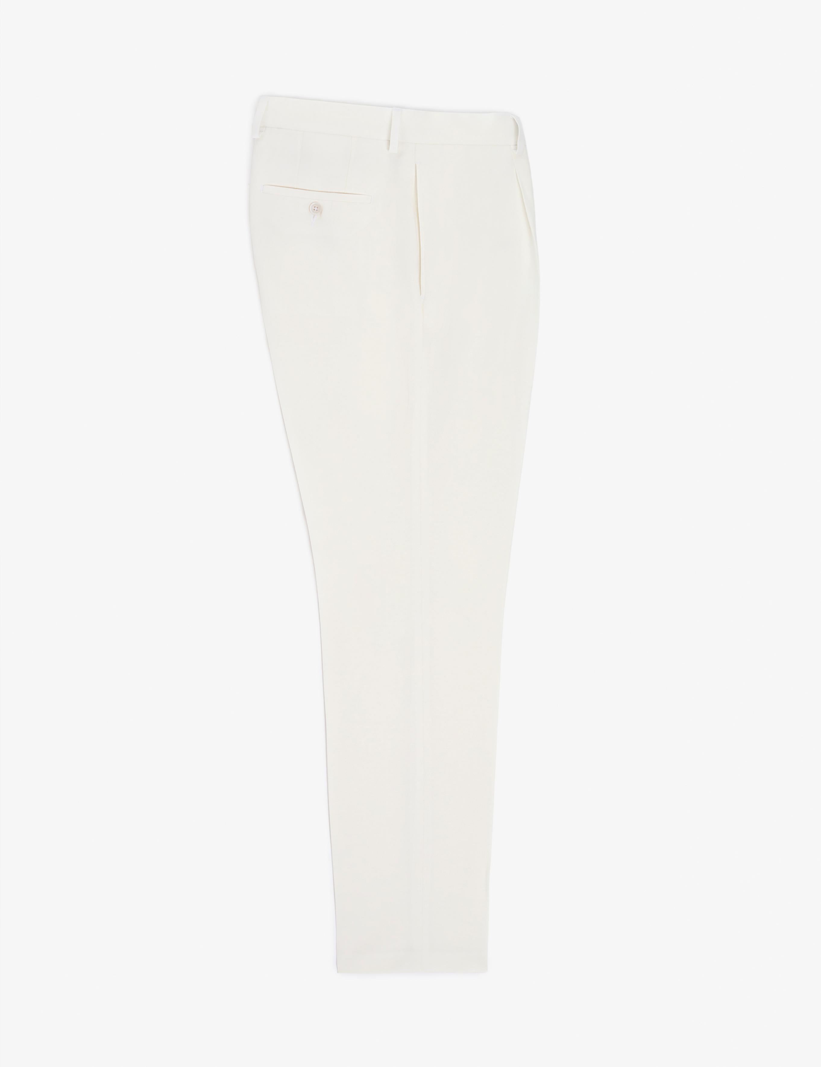 Beyaz Slim Fit Keten Karışımlı Pileli Pantolon