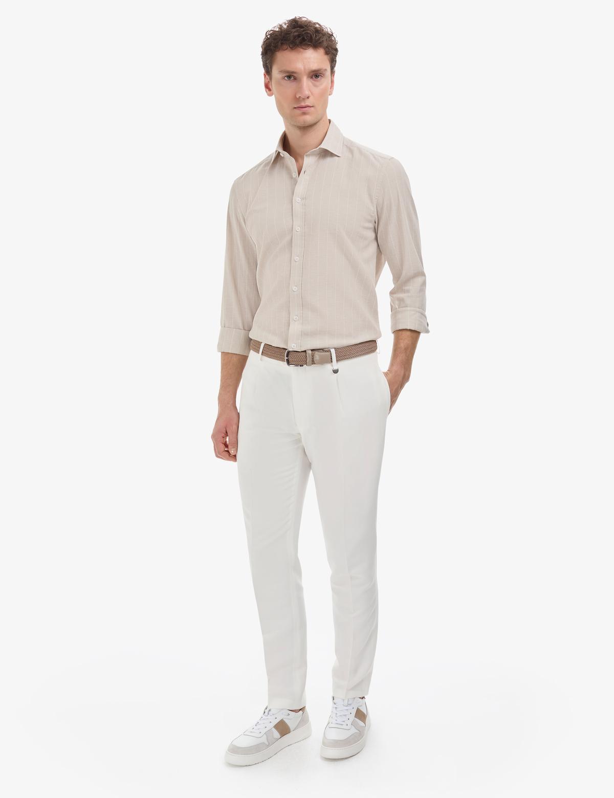 Beyaz Slim Fit Keten Karışımlı Pileli Pantolon