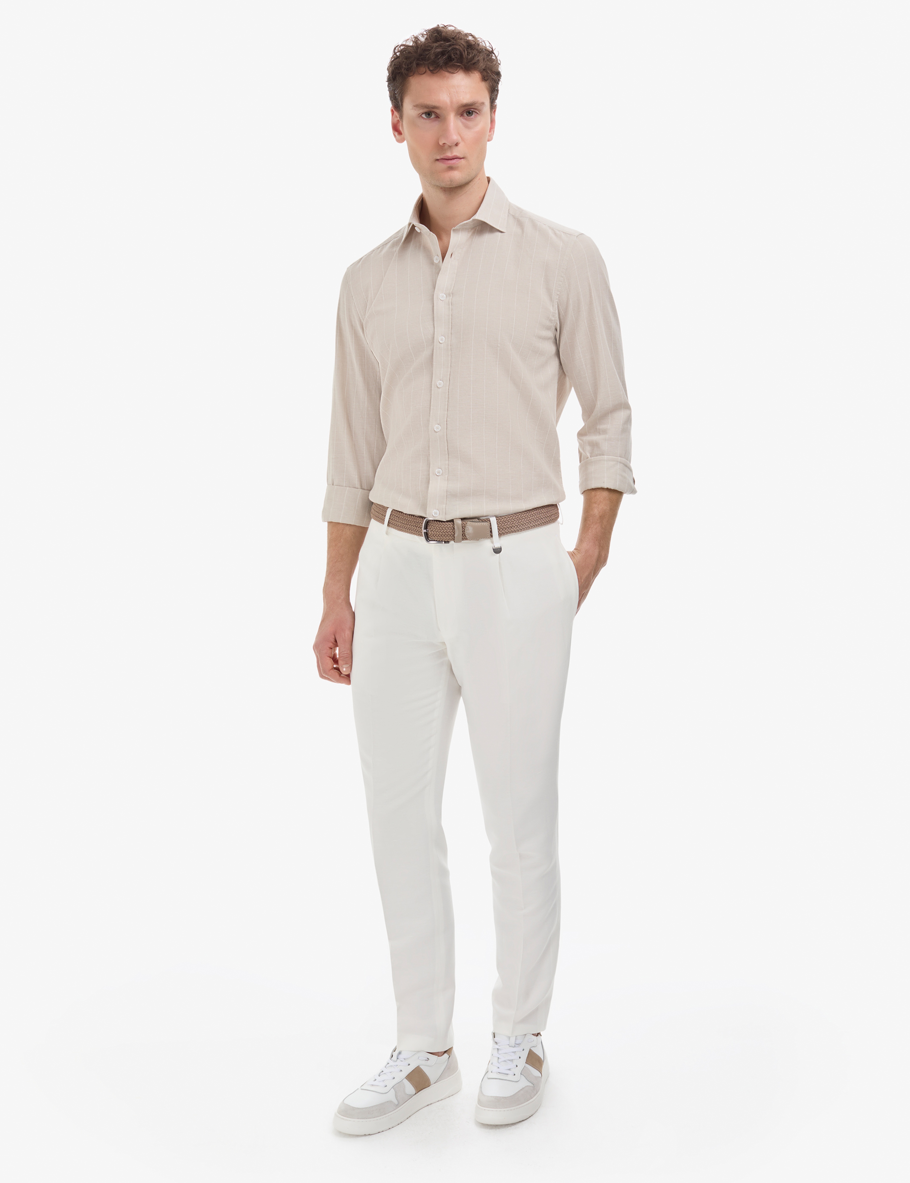 Beyaz Slim Fit Keten Karışımlı Pileli Pantolon - Image 1