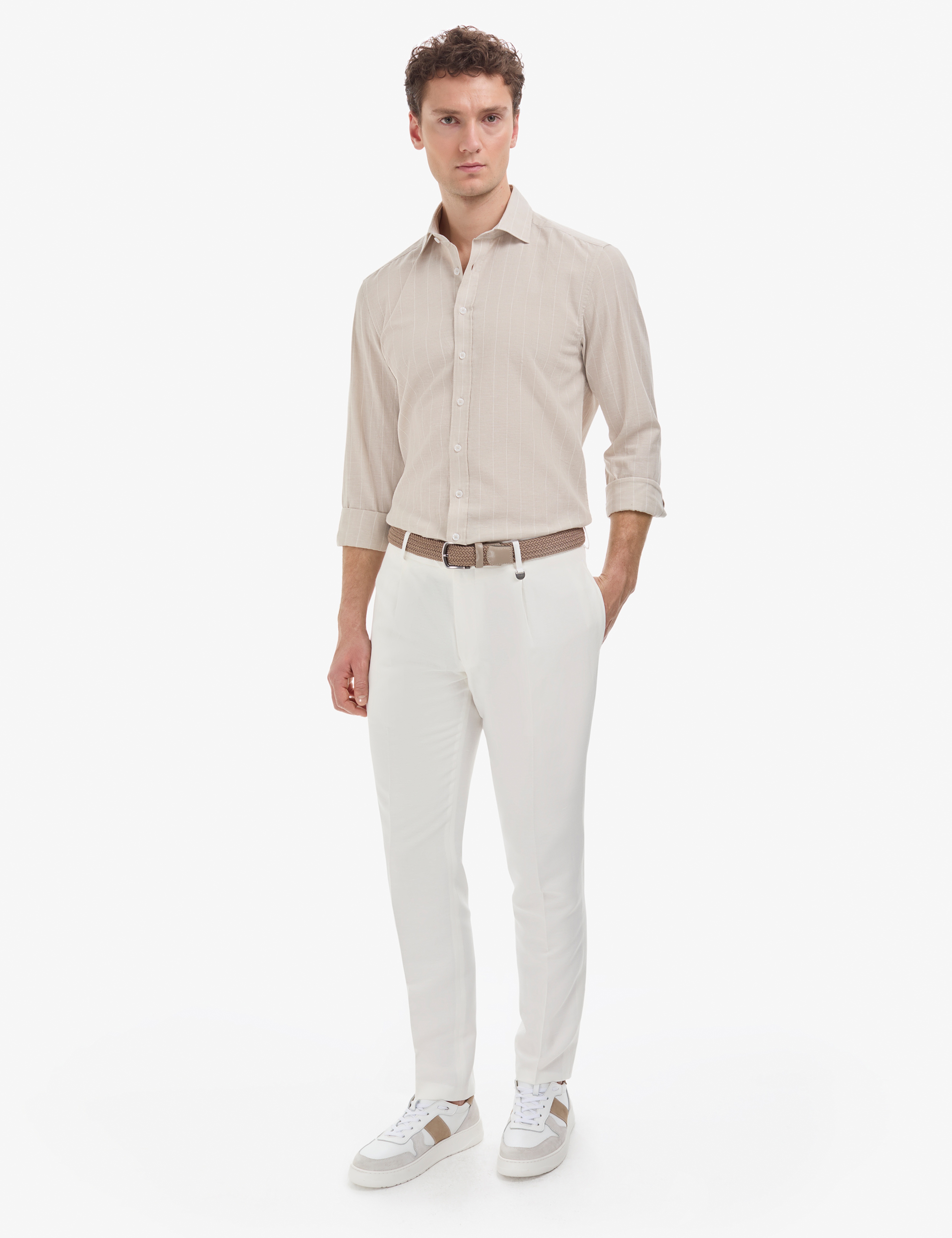 Beyaz Slim Fit Keten Karışımlı Pileli Pantolon