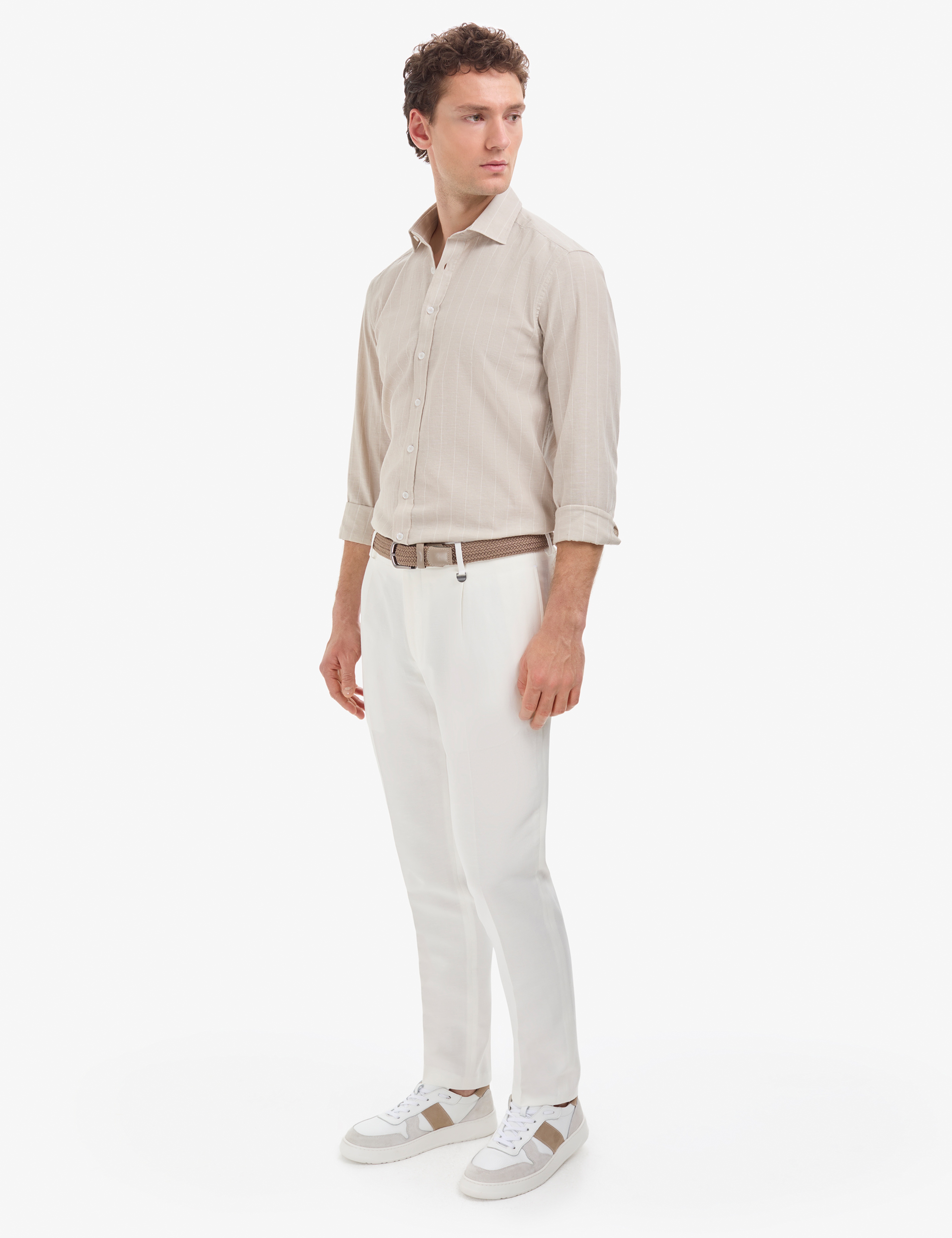 Beyaz Slim Fit Keten Karışımlı Pileli Pantolon