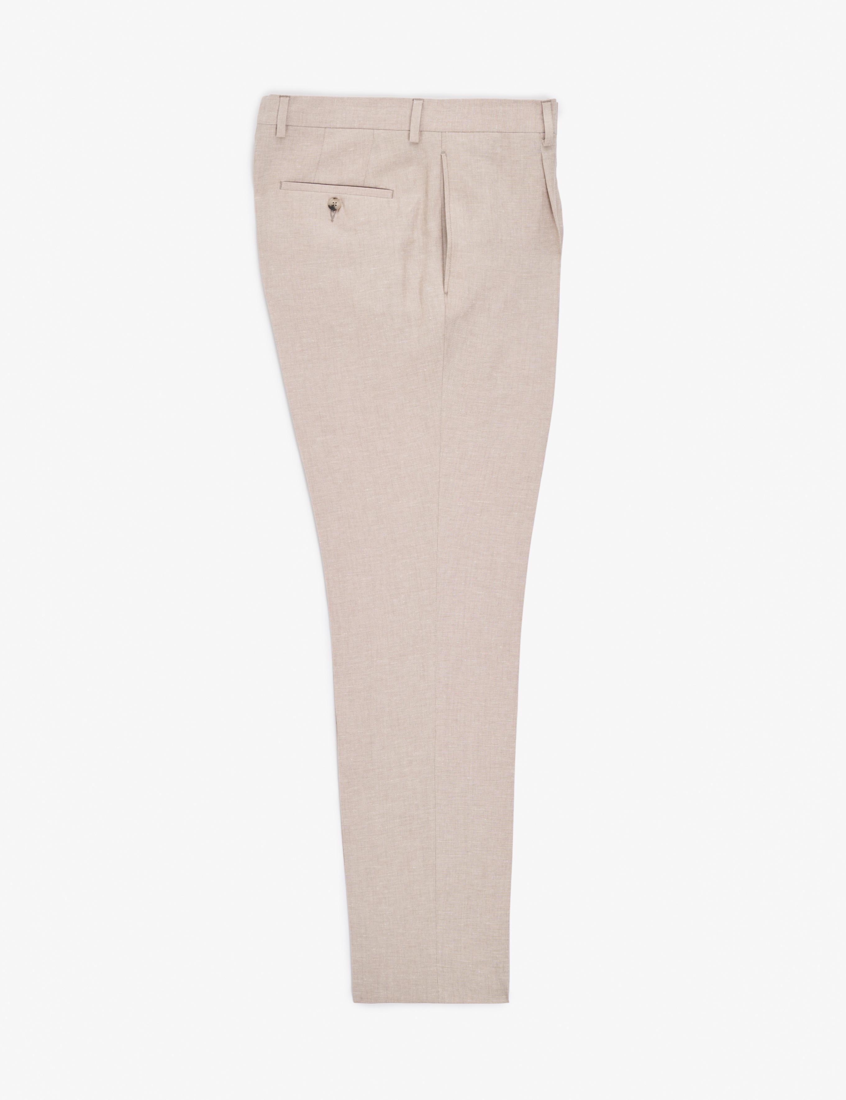 Açık Kahverengi Slim Fit Keten Karışımlı Pileli Pantolon