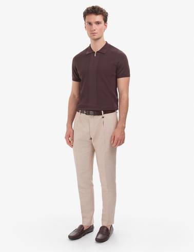 Açık Kahverengi Slim Fit Keten Karışımlı Pileli Pantolon