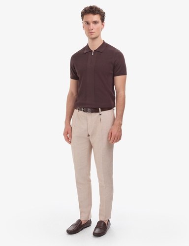 Açık Kahverengi Slim Fit Keten Karışımlı Pileli Pantolon
