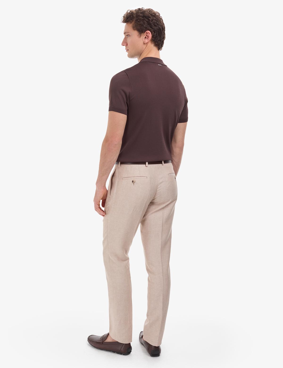 Açık Kahverengi Slim Fit Keten Karışımlı Pileli Pantolon - 50325165006