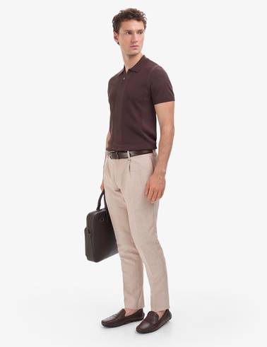 Açık Kahverengi Slim Fit Keten Karışımlı Pileli Pantolon