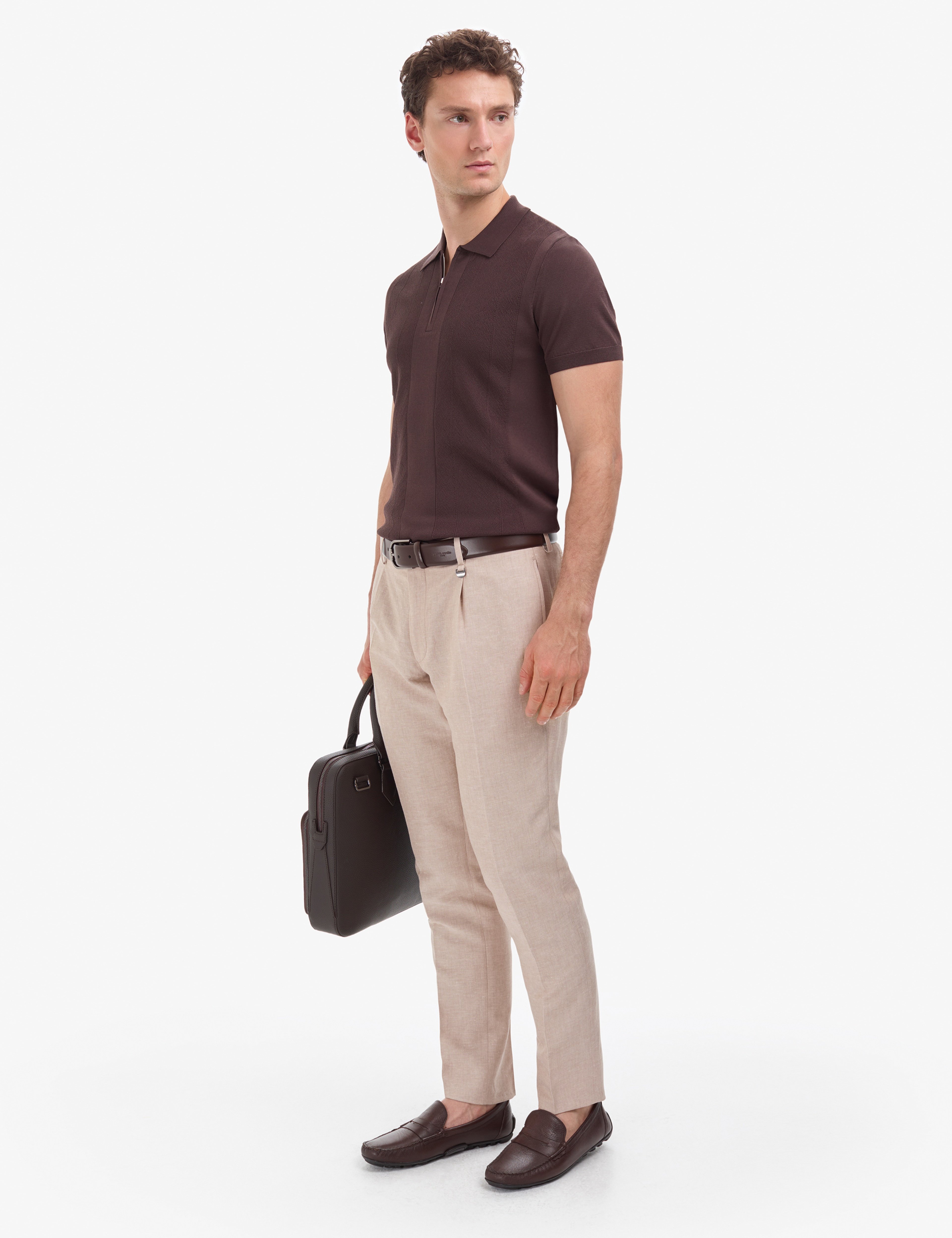 Açık Kahverengi Slim Fit Keten Karışımlı Pileli Pantolon - Image 3