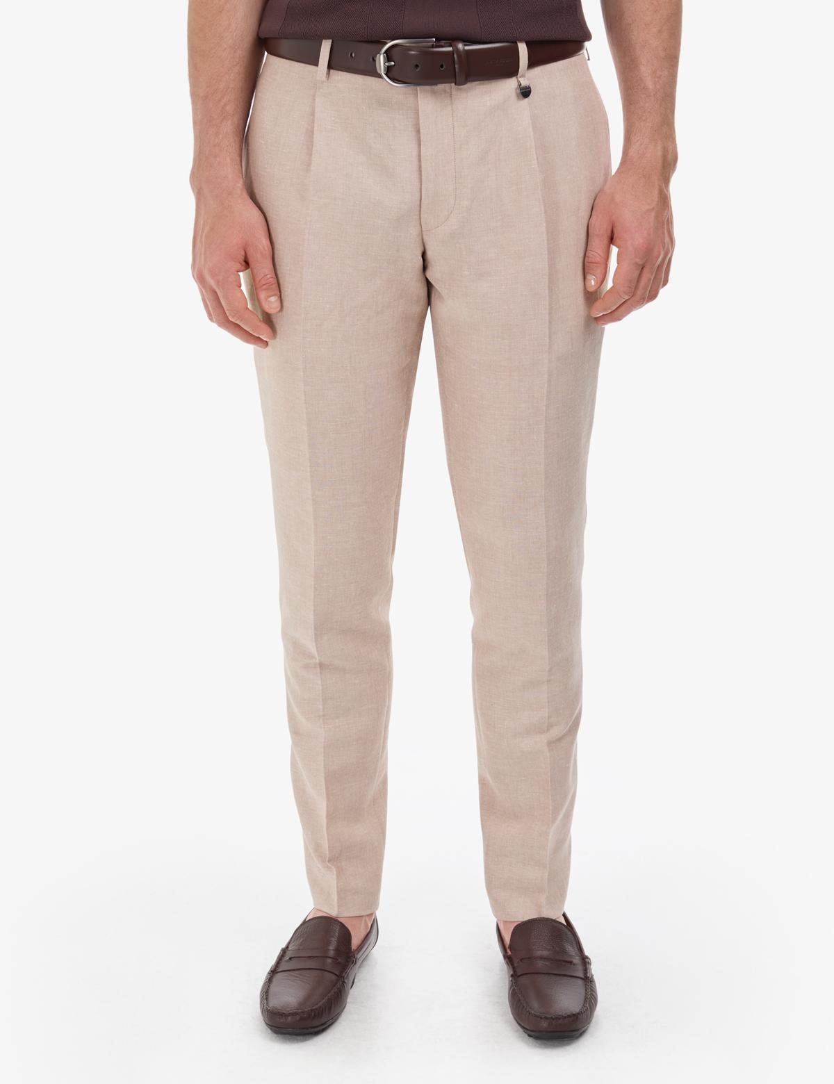 Açık Kahverengi Slim Fit Keten Karışımlı Pileli Pantolon - 50325165006