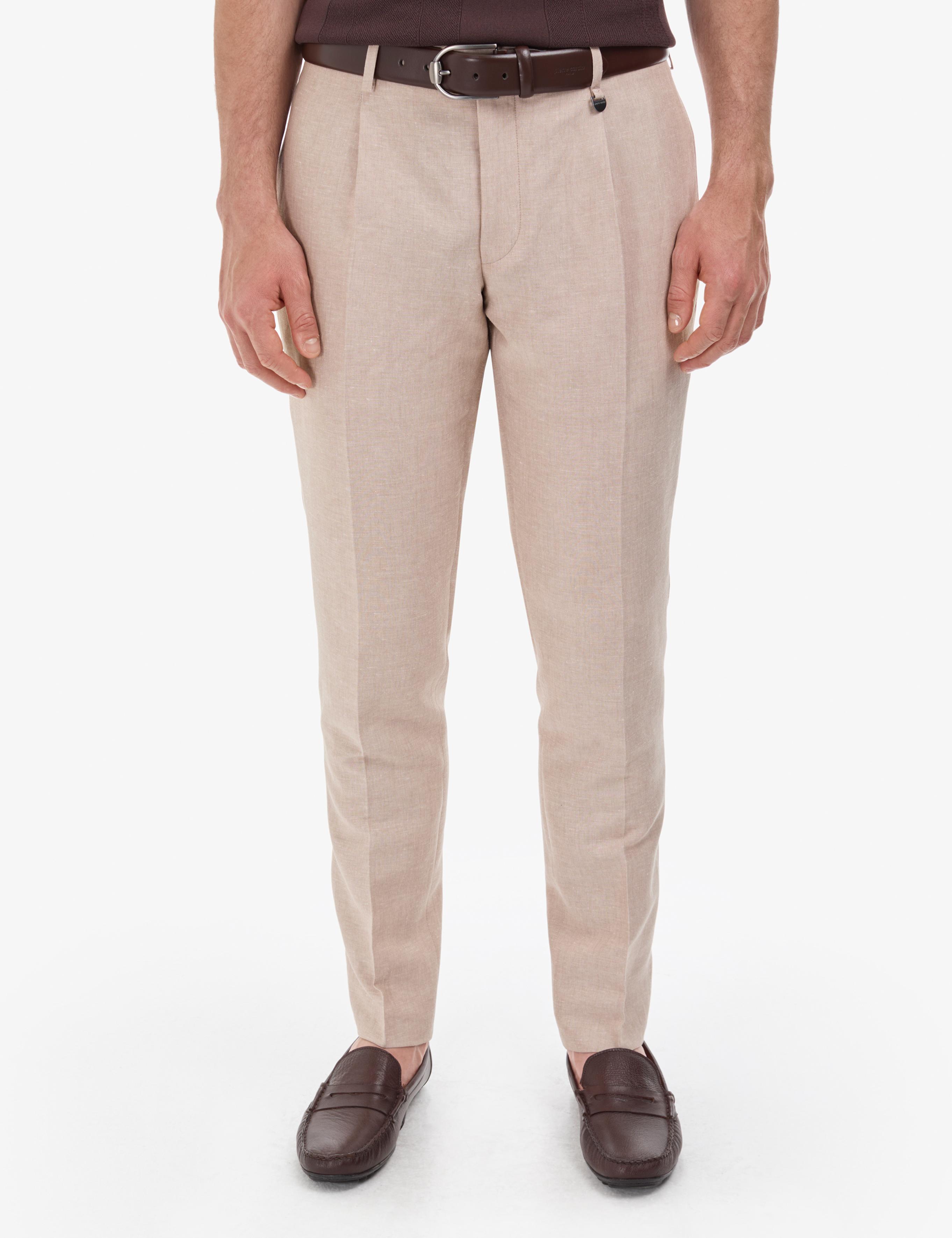 Açık Kahverengi Slim Fit Keten Karışımlı Pileli Pantolon