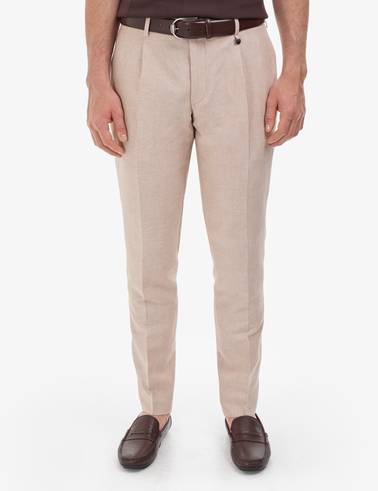 Açık Kahverengi Slim Fit Keten Karışımlı Pileli Pantolon