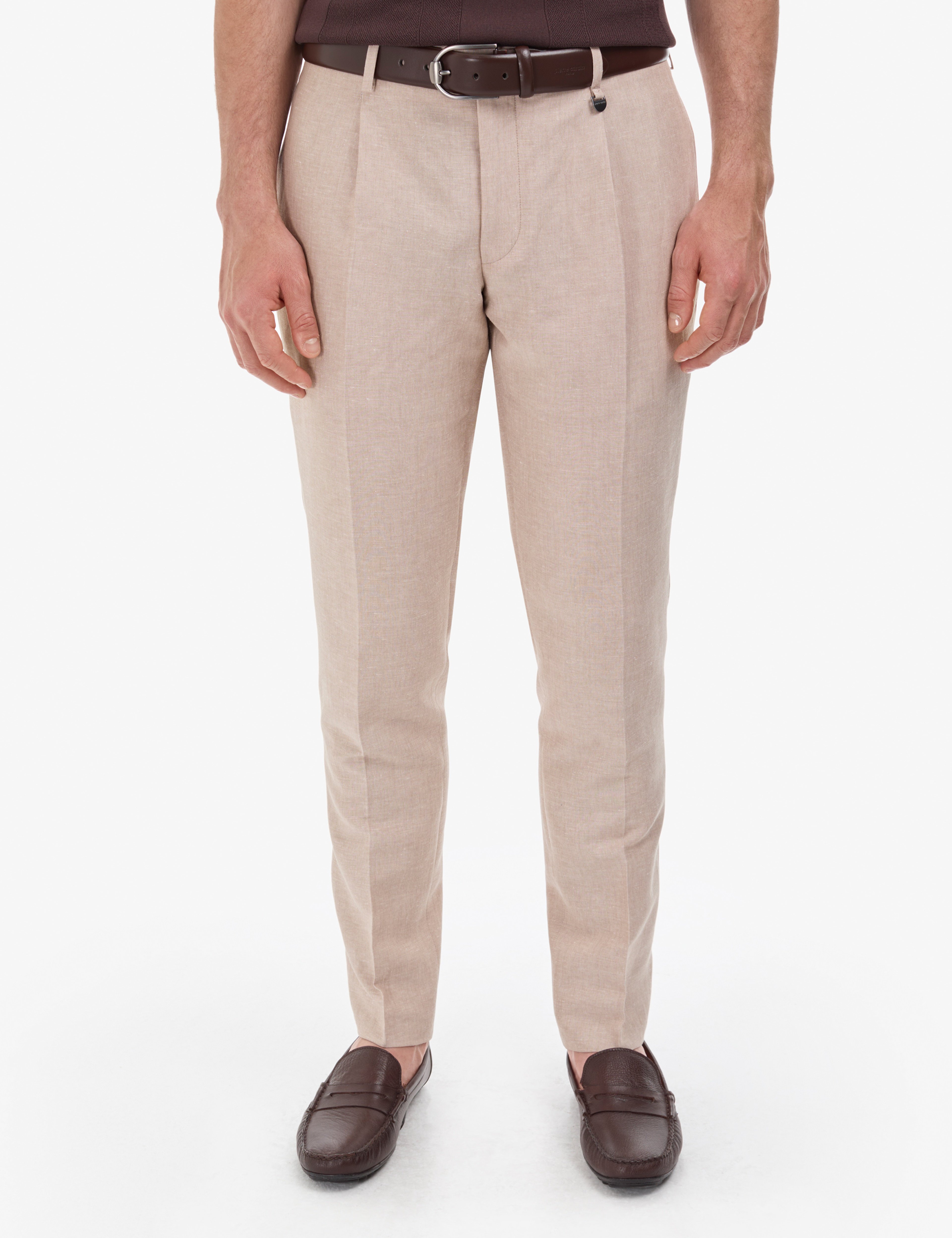 Açık Kahverengi Slim Fit Keten Karışımlı Pileli Pantolon