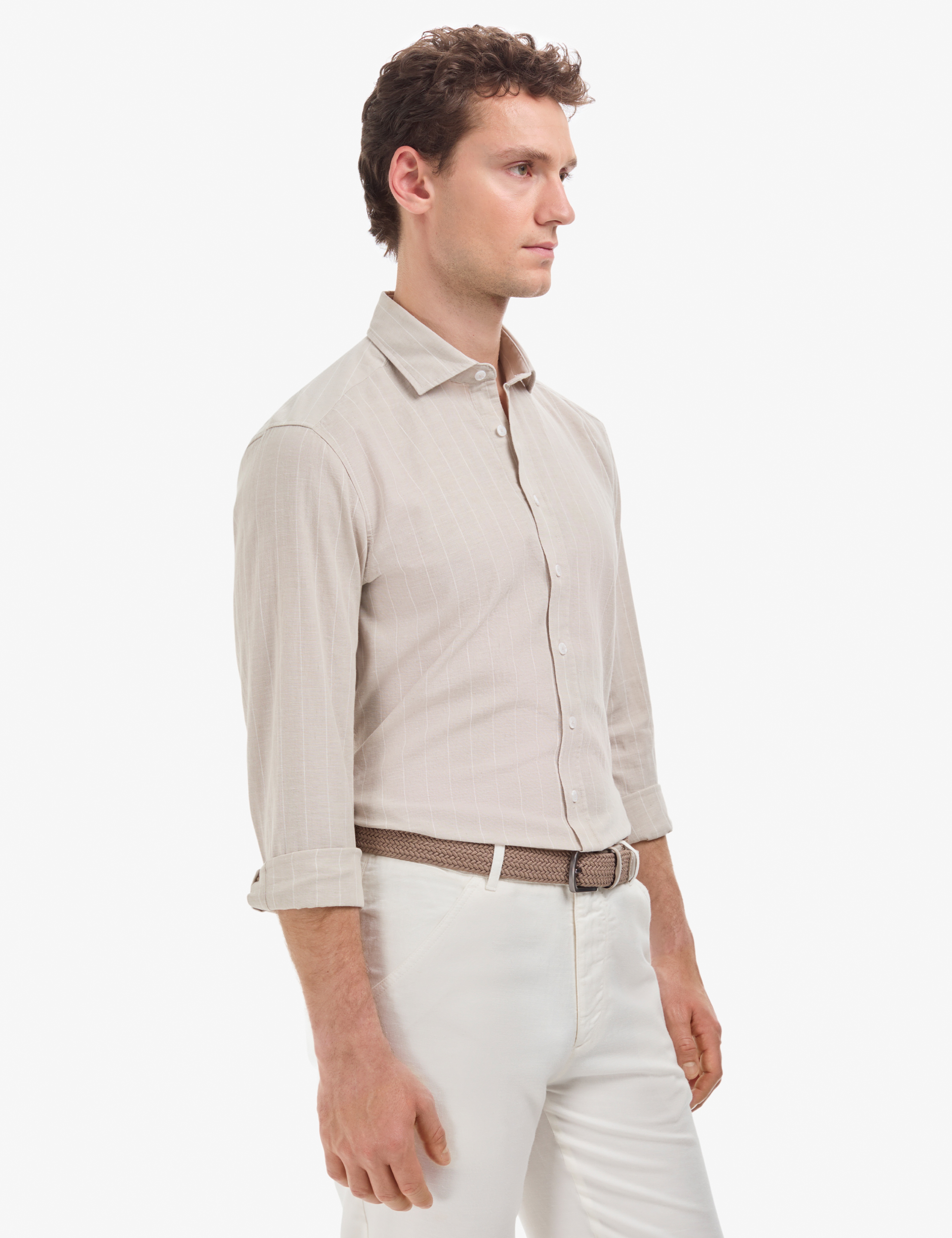 Bej Keten Karışımlı Regular Fit Uzun Kollu Gömlek - Image 3