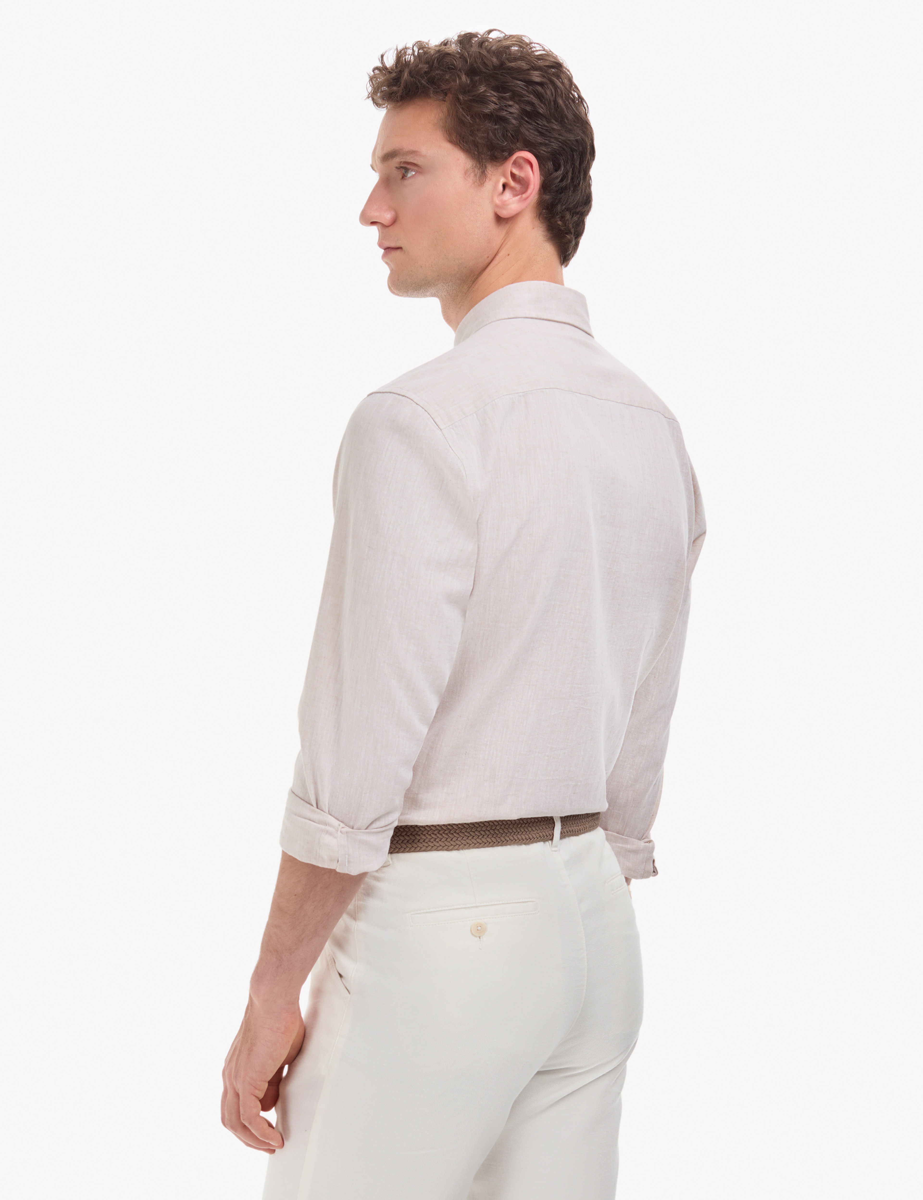 Bej Keten Karışımlı Regular Fit Uzun Kollu Gömlek - Image 5