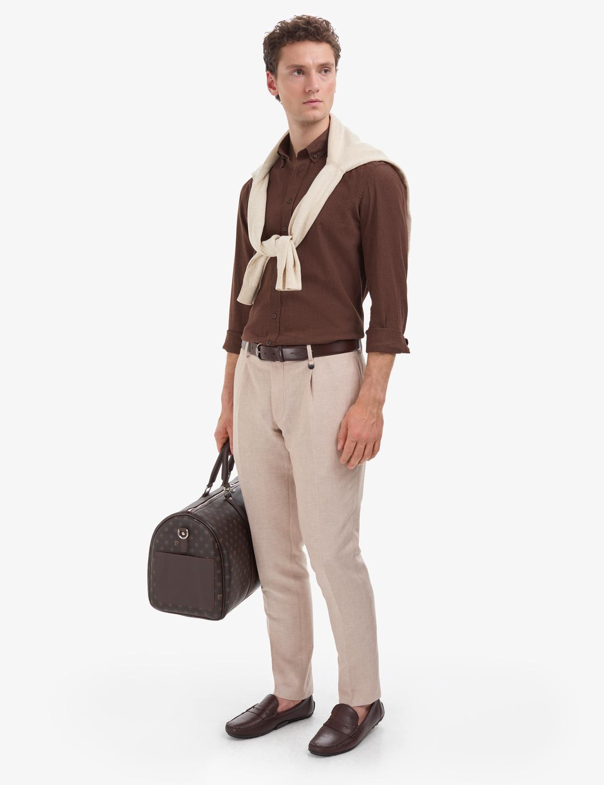 Koyu Kahverengi Regular Fit Uzun Kollu Gömlek - 50325356087