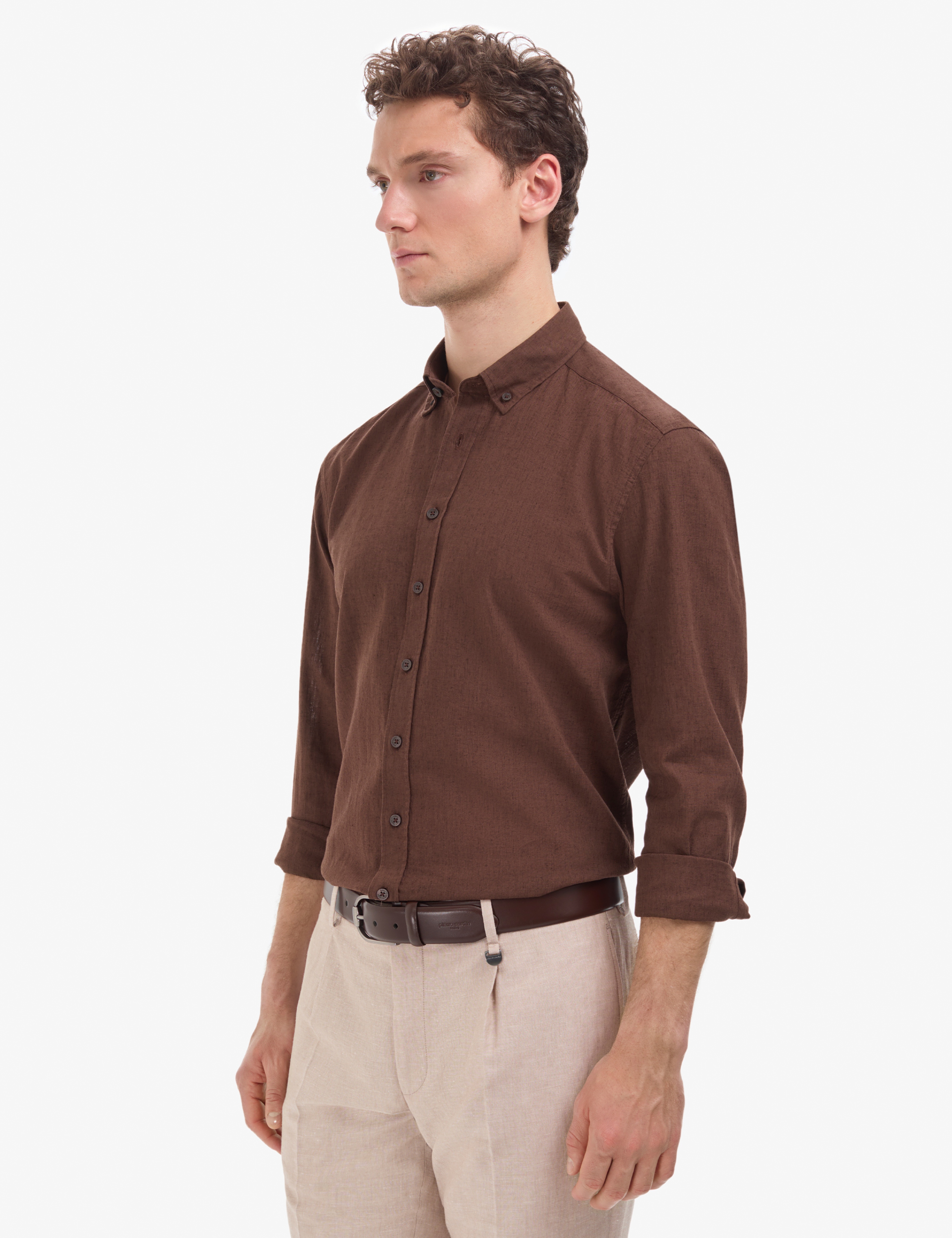 Koyu Kahverengi Keten Karışımlı Regular Fit Uzun Kollu Gömlek - Image 3