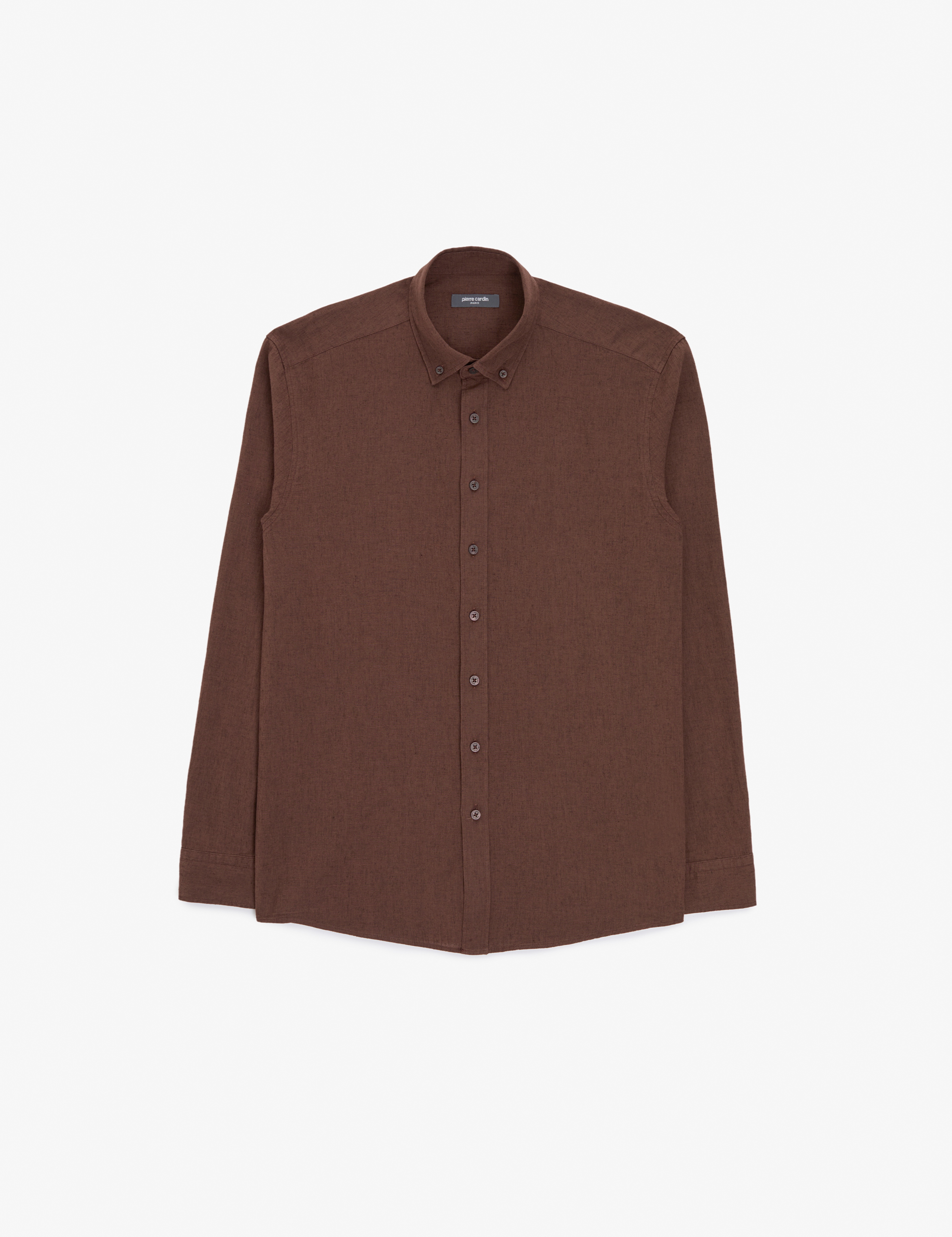 Koyu Kahverengi Keten Karışımlı Regular Fit Uzun Kollu Gömlek - Image 6