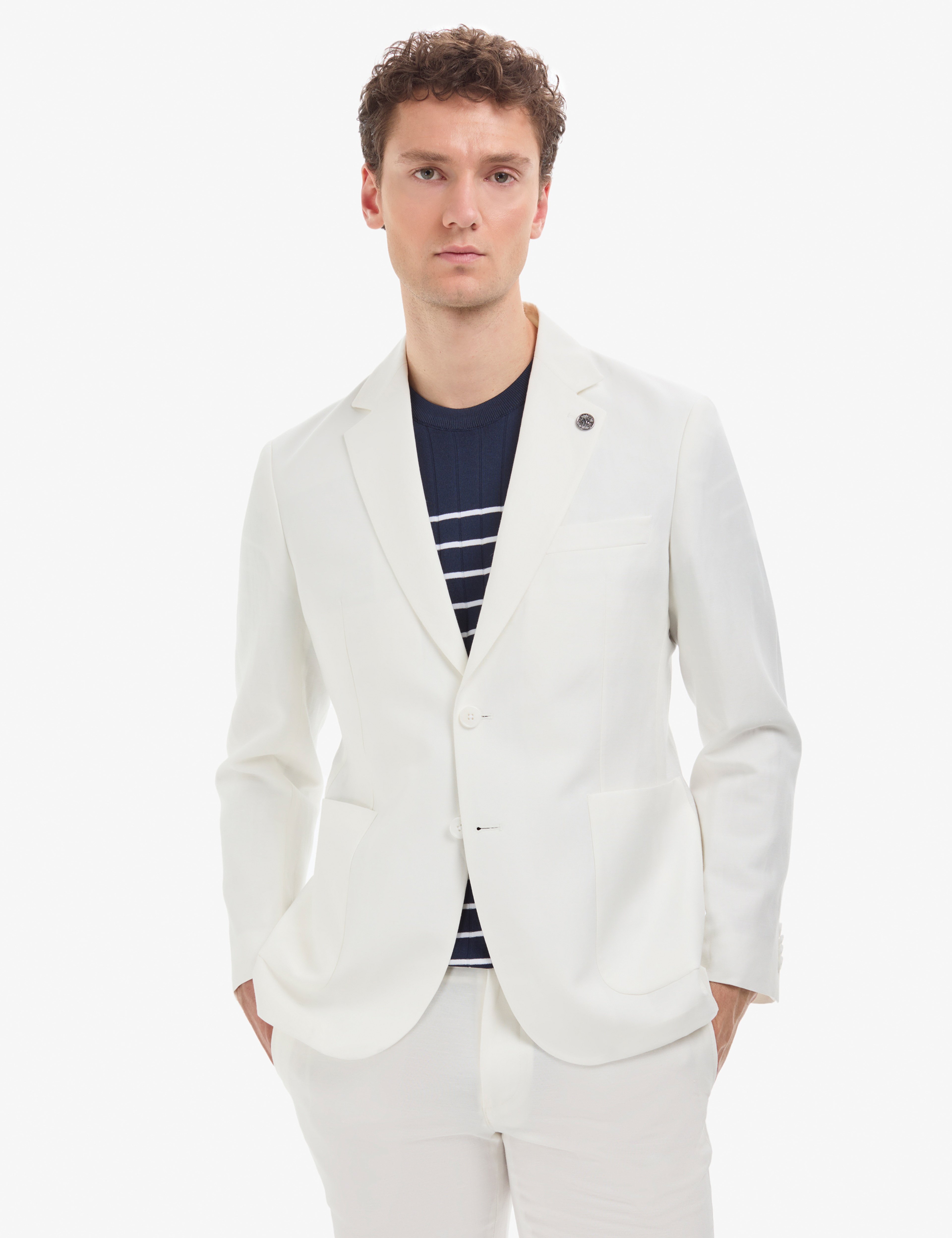 Ekru Slim Fit Keten Karışımlı Takım Elbise