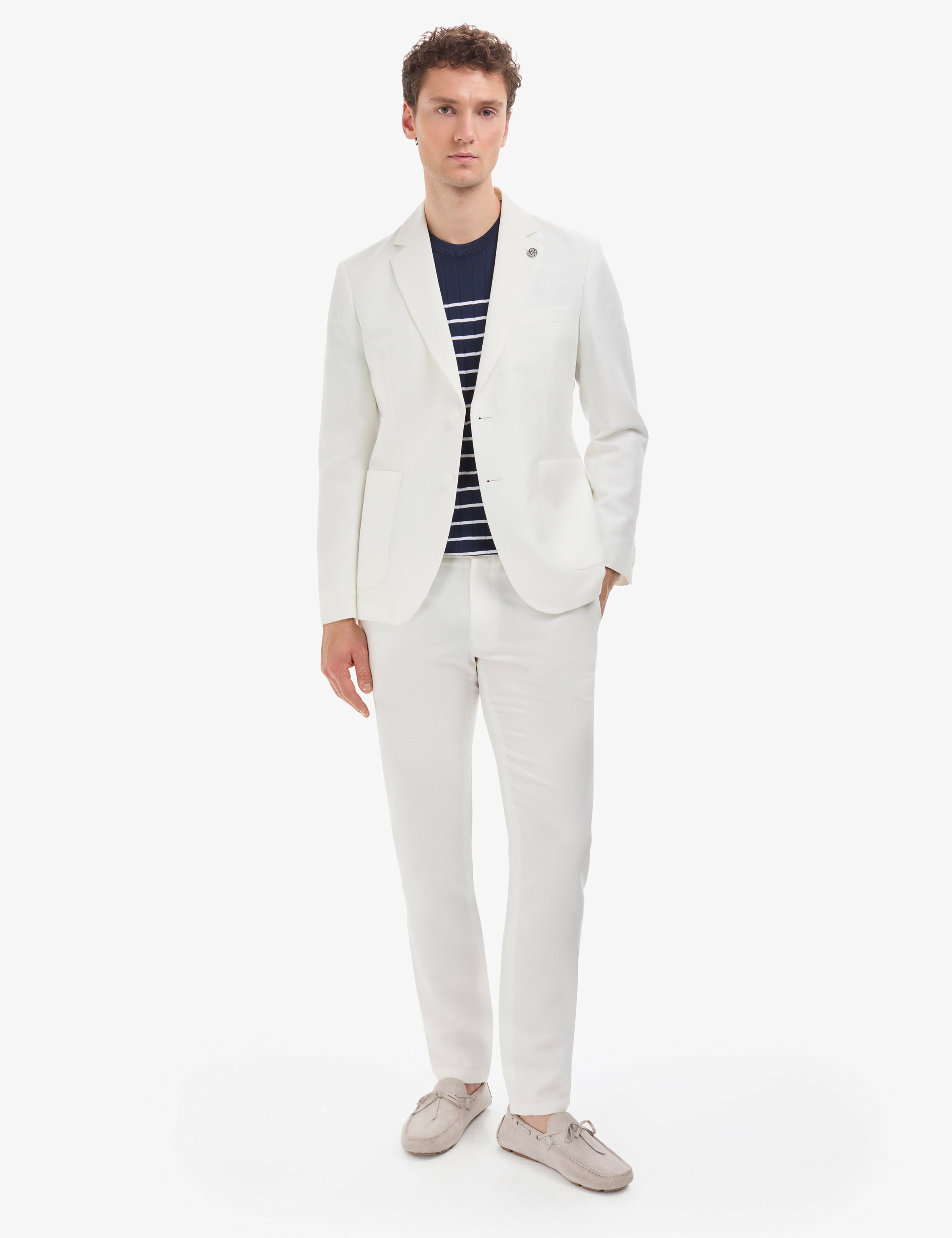 Ekru Slim Fit Keten Karışımlı Takım Elbise