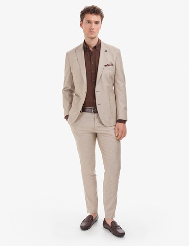 Açık Kahverengi Extra Slim Fit Keten Karışımlı Takım Elbise