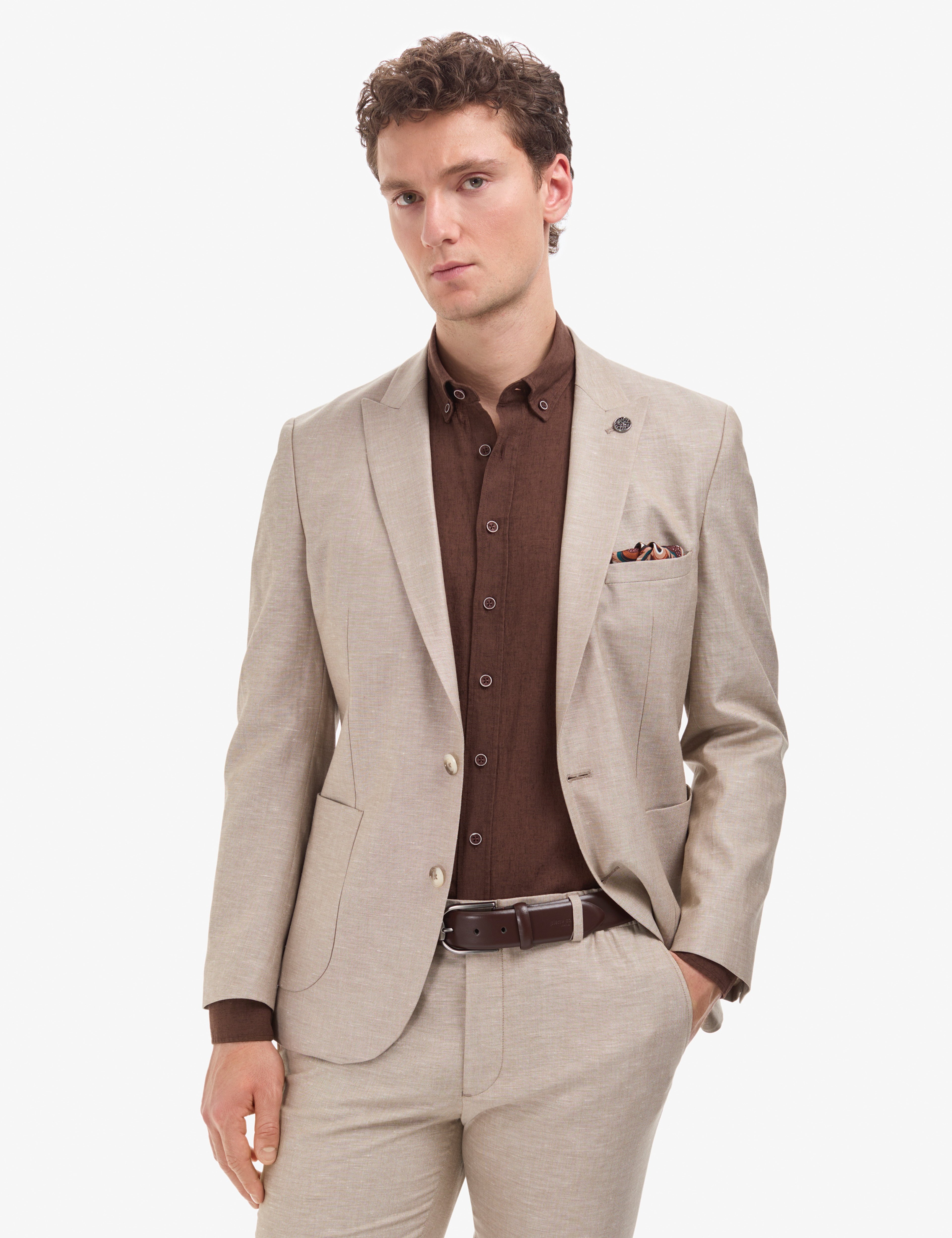Açık Kahverengi Extra Slim Fit Keten Karışımlı Takım Elbise