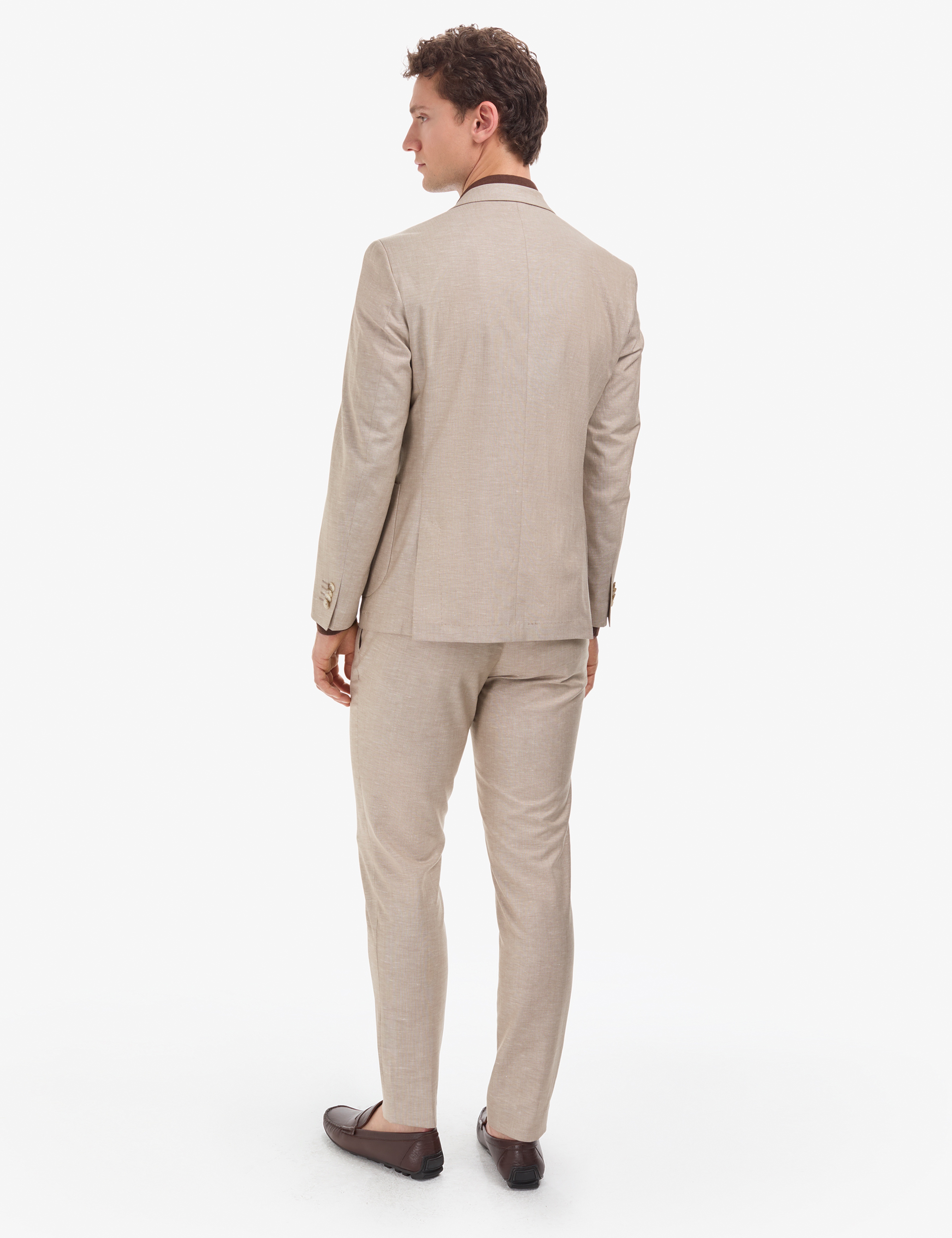 Açık Kahverengi Extra Slim Fit Keten Karışımlı Takım Elbise