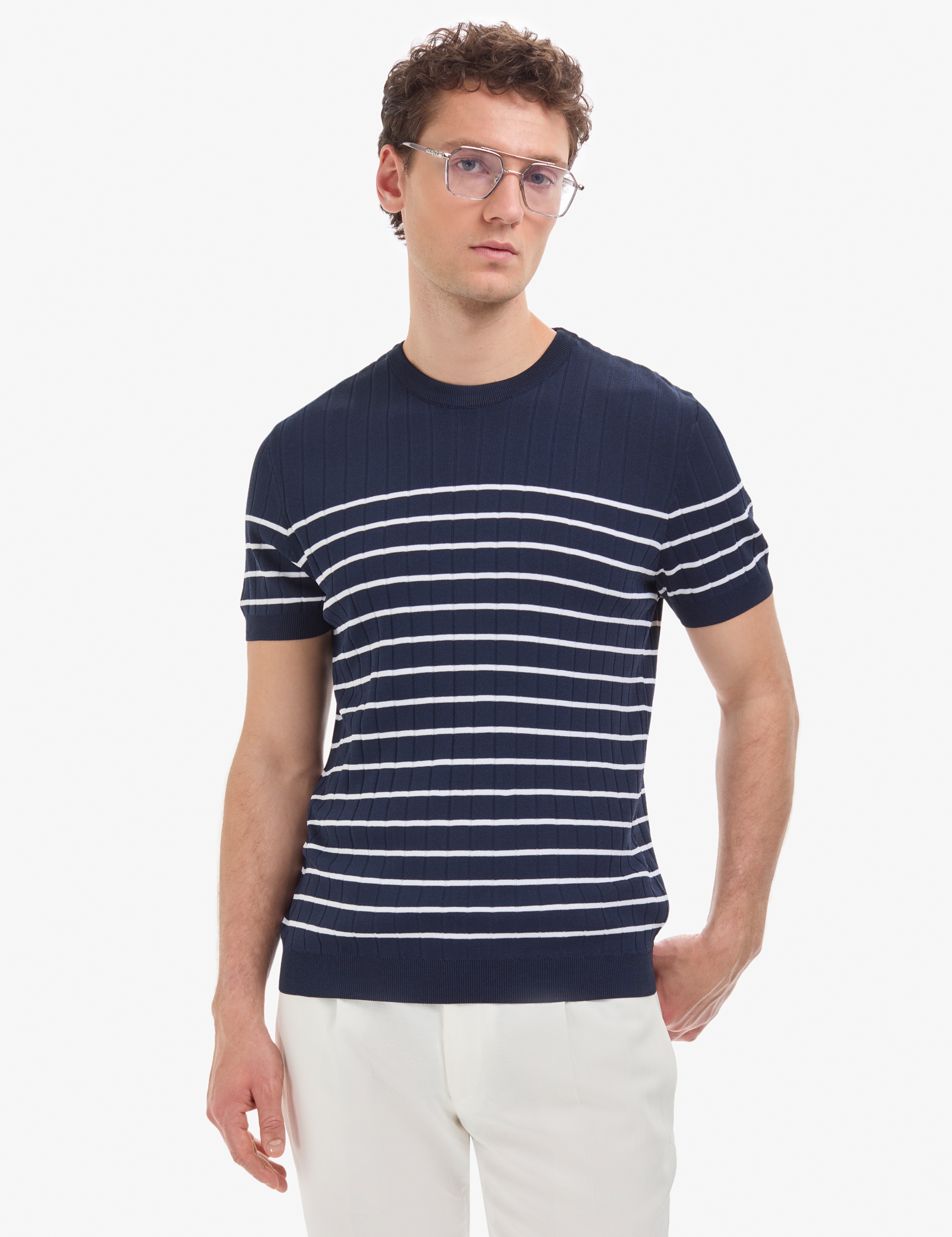 Lacivert Slim Fit Bisiklet Yaka Triko Tişört - Image 1