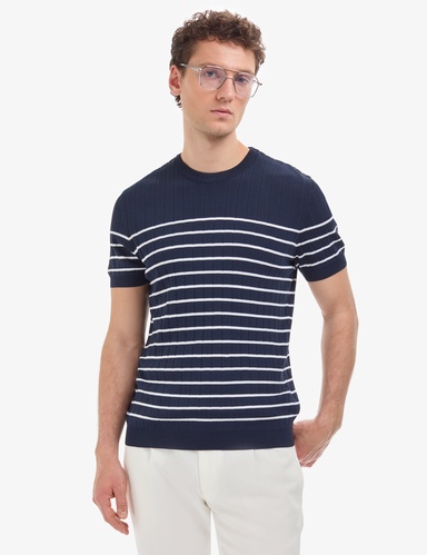 Lacivert Slim Fit Bisiklet Yaka Triko Tişört