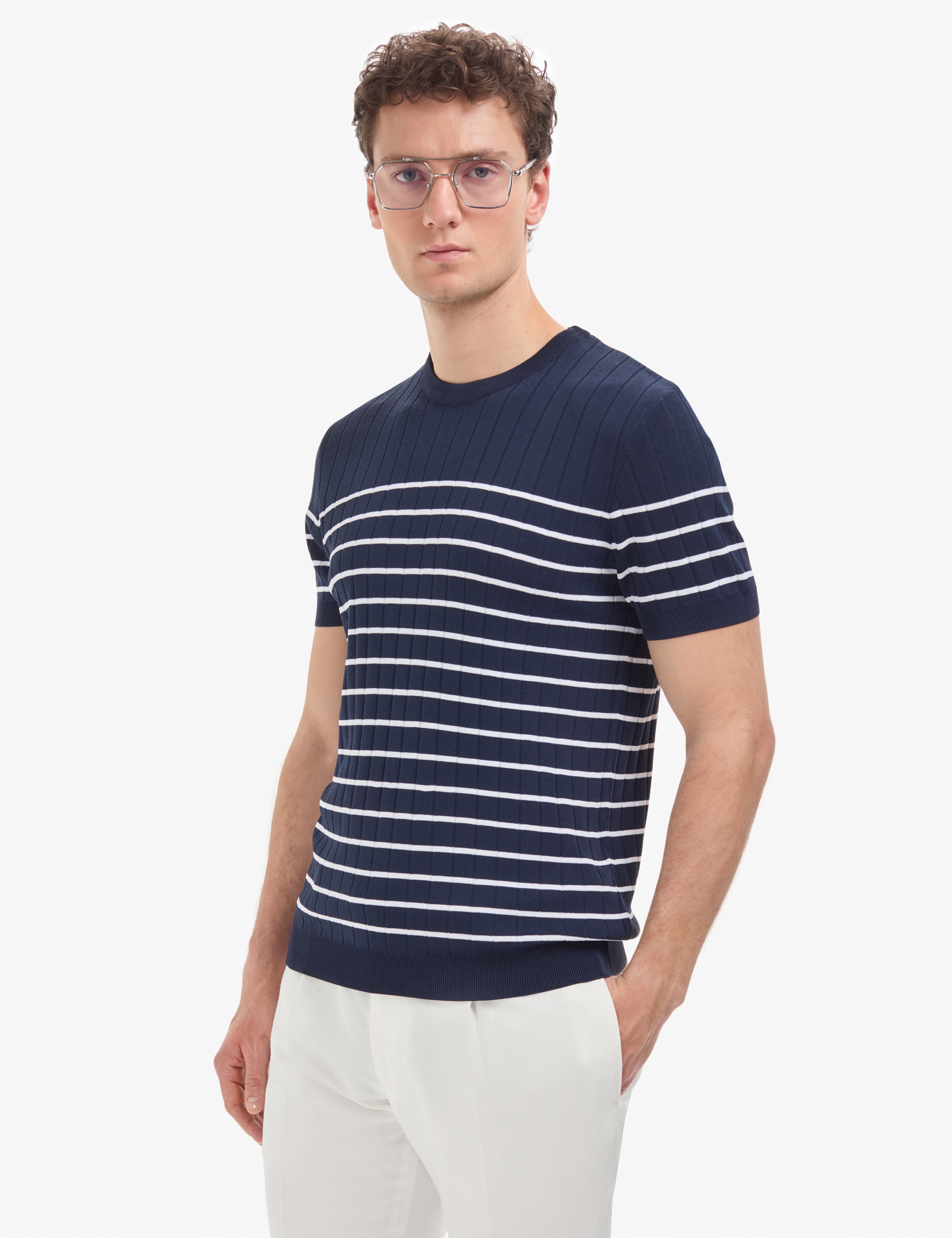 Lacivert Slim Fit Bisiklet Yaka Triko Tişört - Image 3