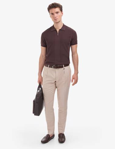 Koyu Kahverengi Slim Fit Polo Yaka Fermuarlı Triko Tişört