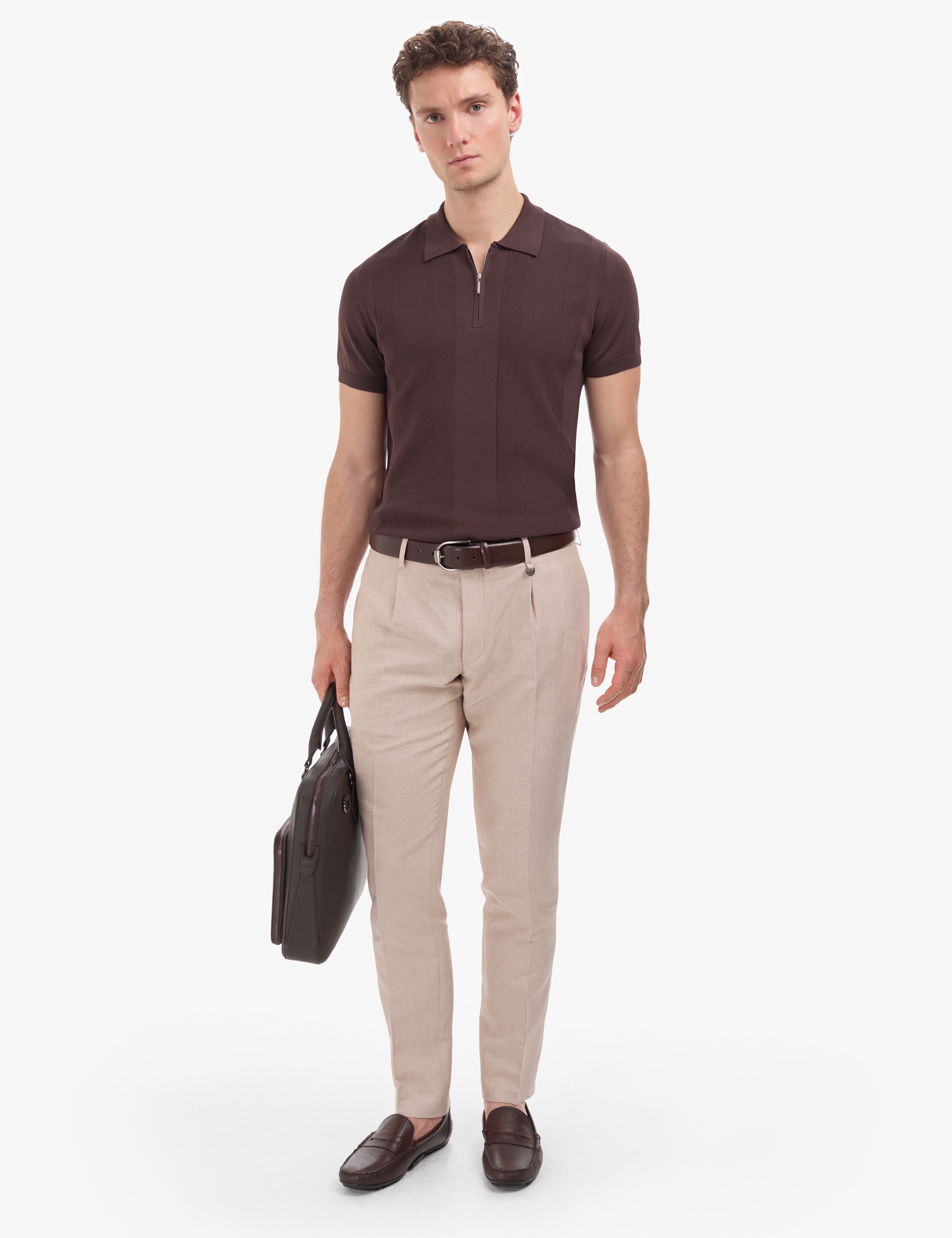 Koyu Kahverengi Slim Fit Polo Yaka Fermuarlı Triko Tişört