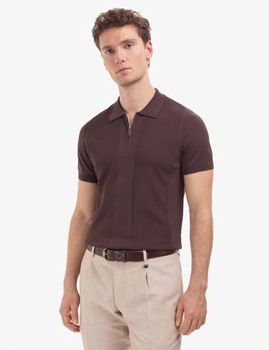 Koyu Kahverengi Slim Fit Polo Yaka Fermuarlı Triko Tişört