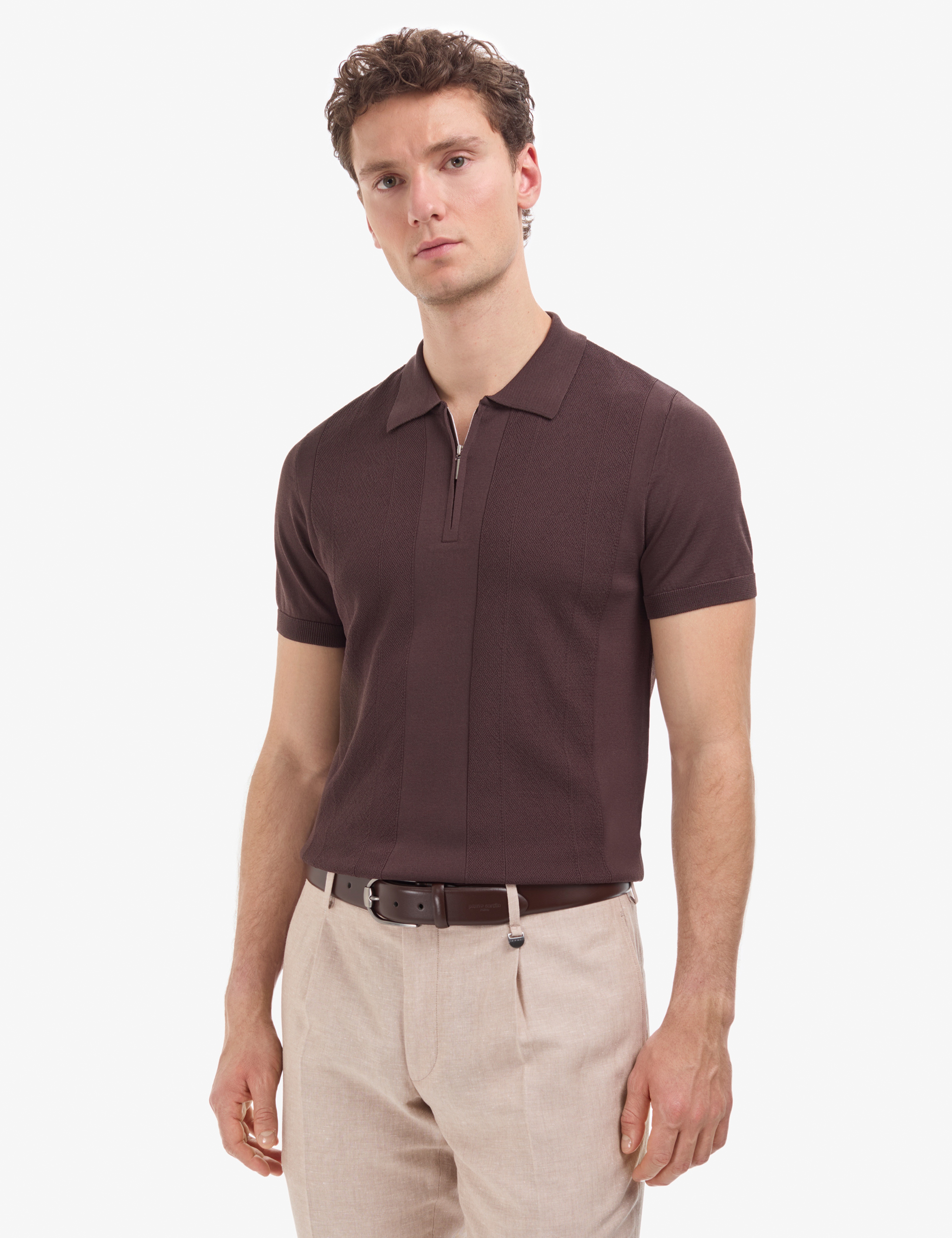 Koyu Kahverengi Slim Fit Polo Yaka Fermuarlı Triko Tişört